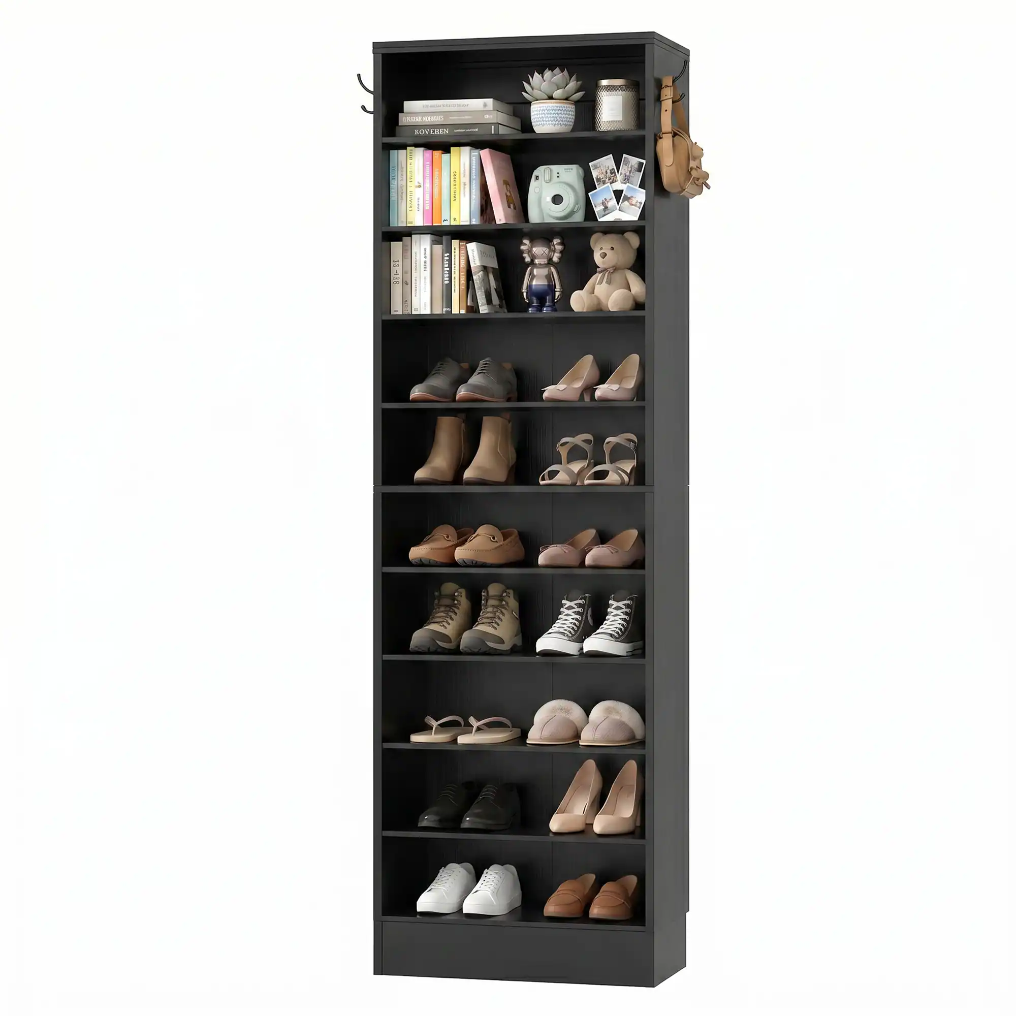 Angle. Aheaplus - 79.5'' Tall 10-Tier Freestanding Wooden Shoe Rack Tower with 2 Hooks - Black.