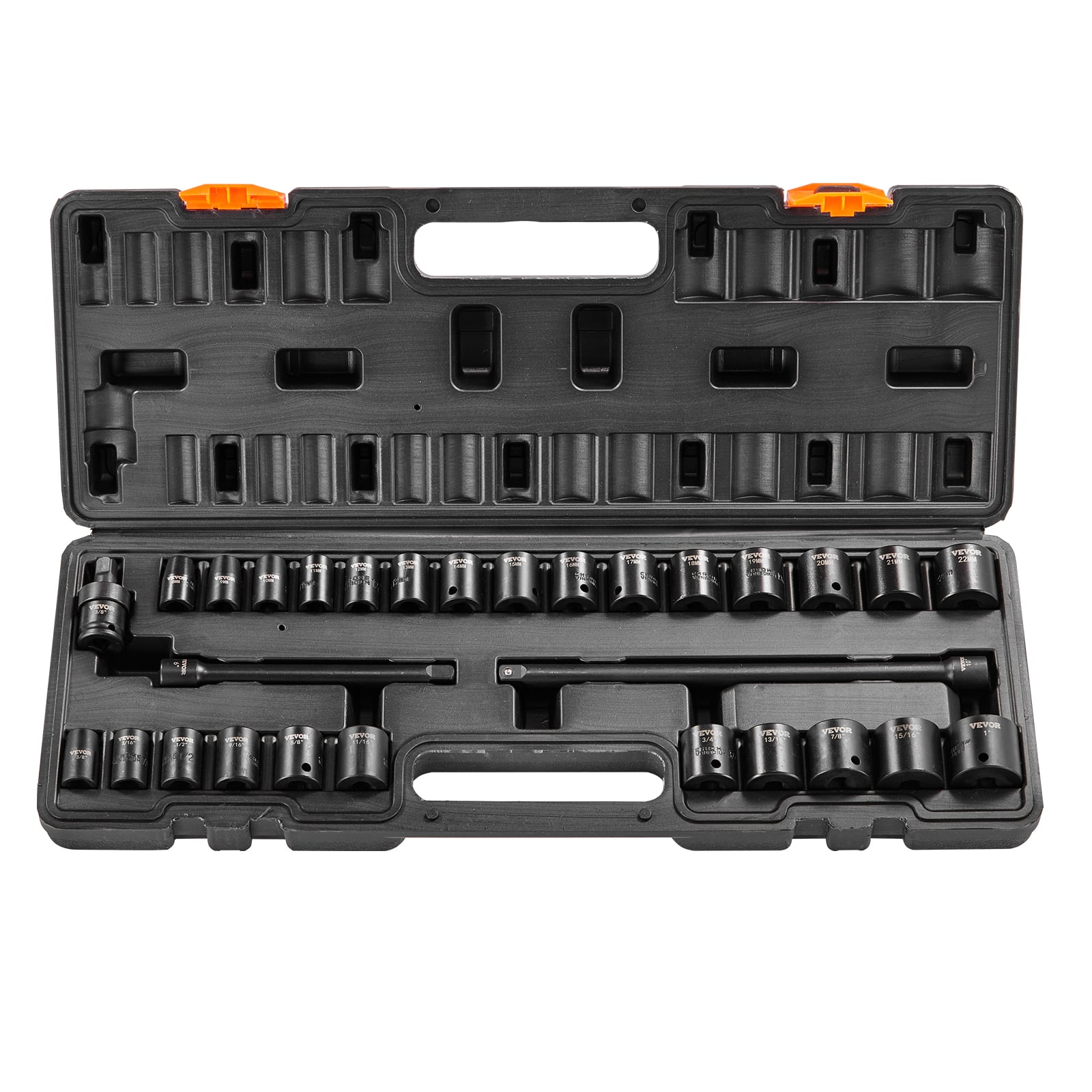 VEVOR - 3/8" Drive Impact Socket Set, 29 Piece Shallow Socket Set SAE 3/8"-1" and Metric 8-22mm, 6 Point CR-MO Alloy Steel - Black