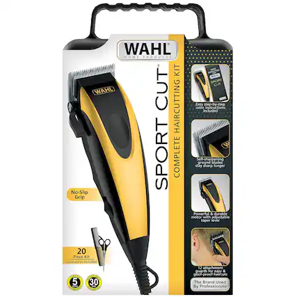 WAHL HOME PRODUCTS KIT WAHL CUT HAIRCUTTING SPORT COMPLETE
No-Slip Grip
Easy step-by-step color instructions included
Self-sharpening ground blades stay sharp longer
Powerful & durable motor with adjustable taper lever
20 Piece Kit Accessories Included
12 attachment guards for easy & goof-proof haircuts
The Brand Used By Professionals