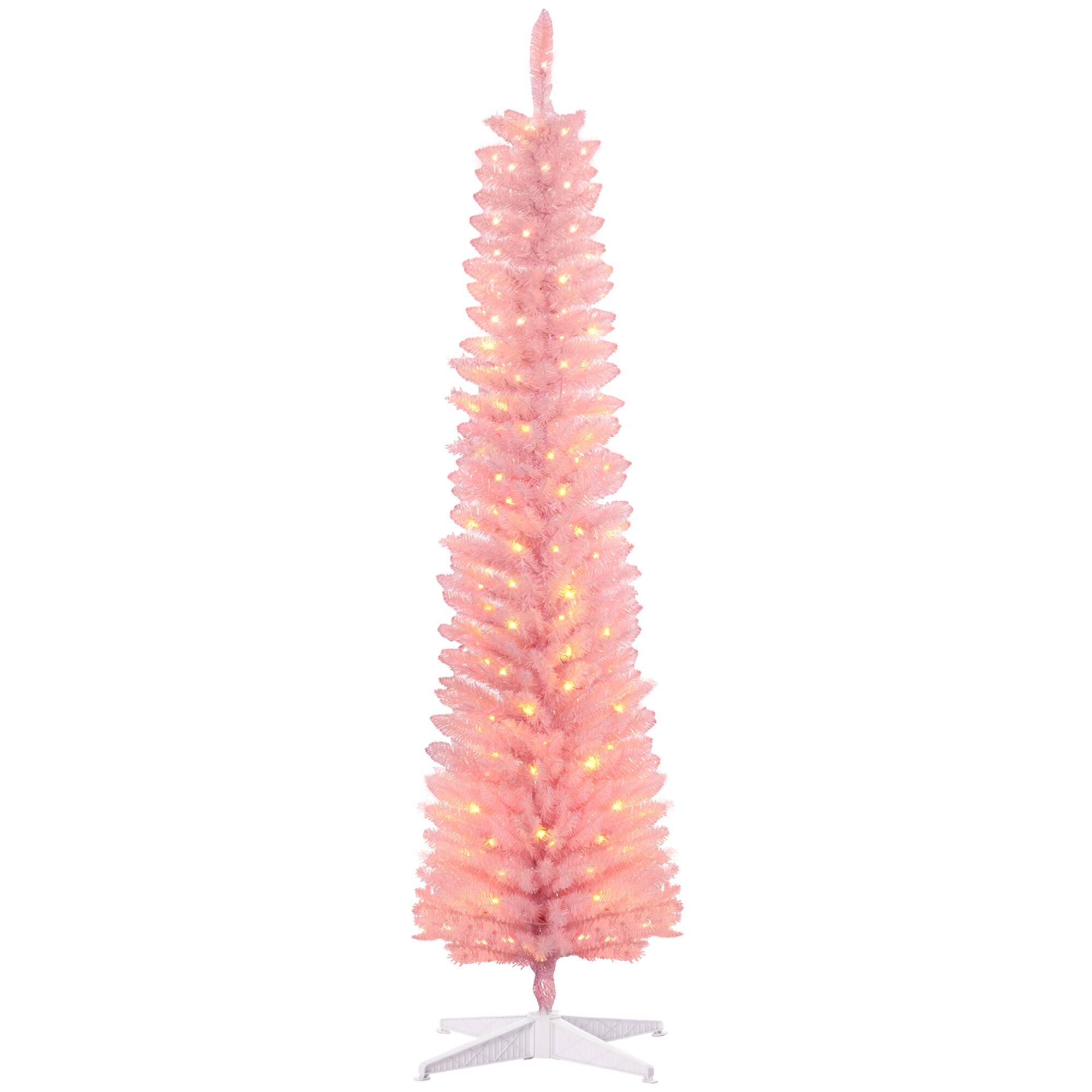 Homcom - Prelit Pencil Artificial Christmas Tree, 250 Colorful Branches 150 Colorful LEDs - Pink