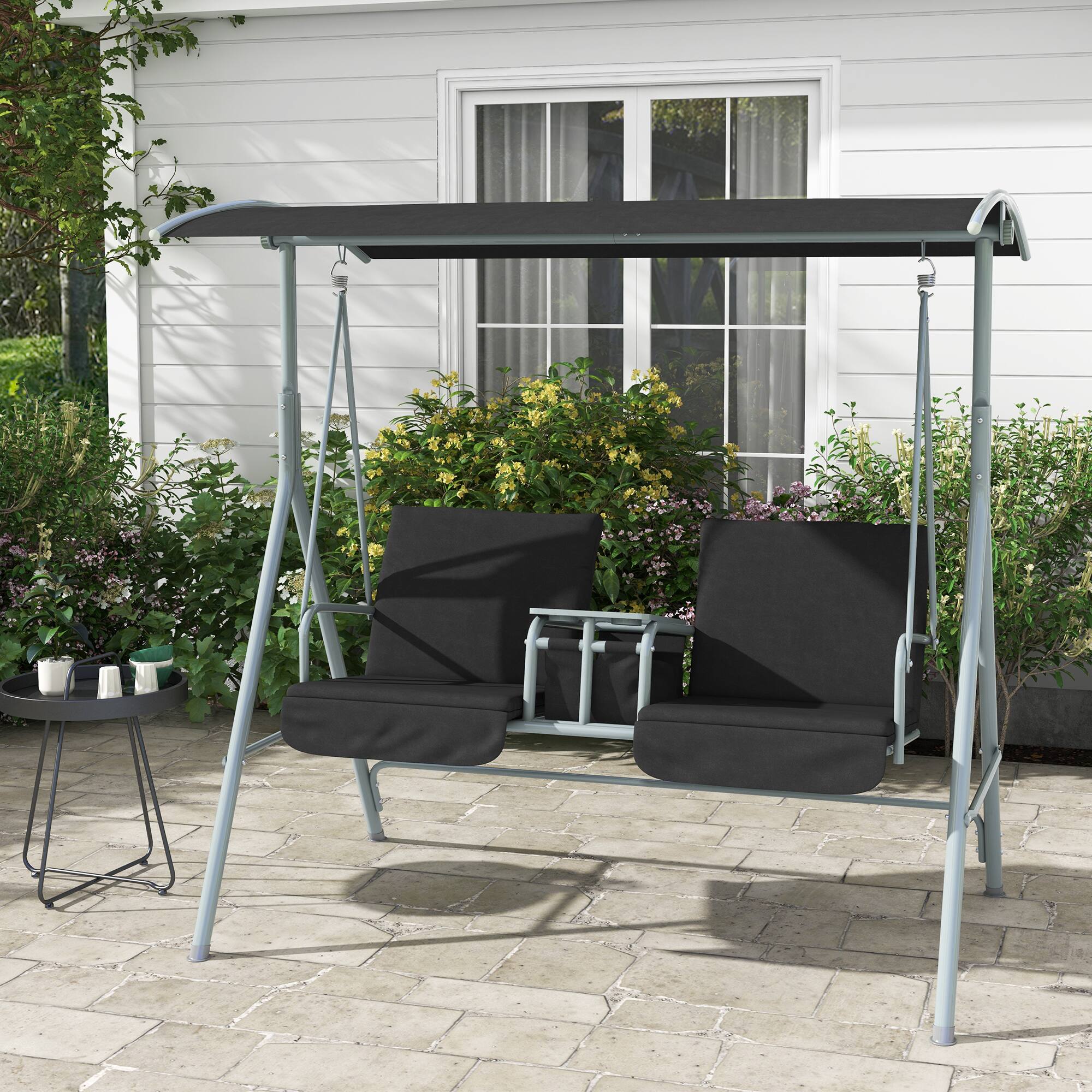 Angle. Outsunny - Outdoor Porch Swing with Canopy and Table, Patio Swing Chair for Garden, Poolside - Black.