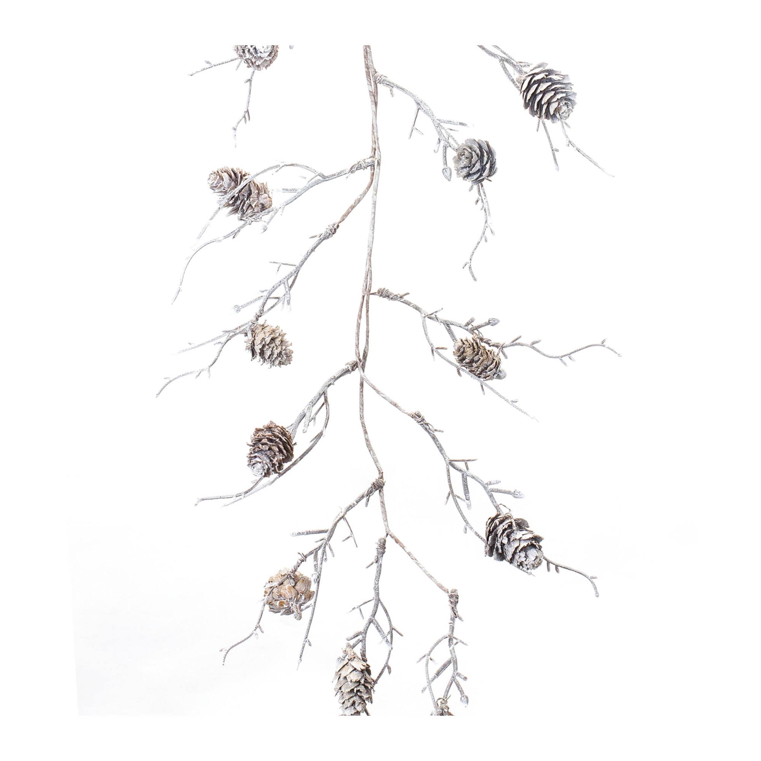 Angle. BreeBe - Flocked Pinecone Twig Garland (Set of 2) - Silver.