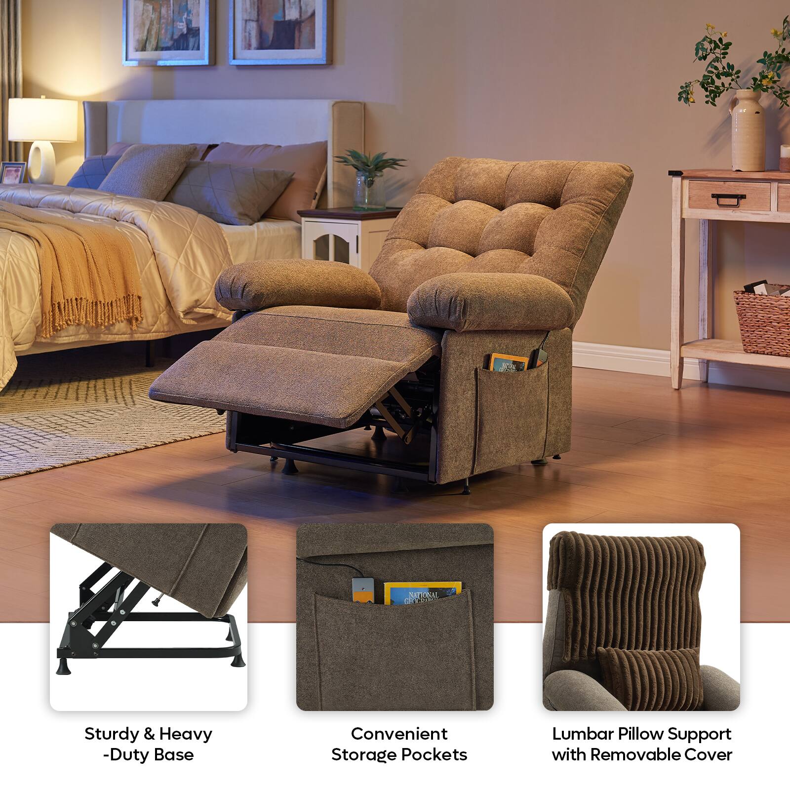 The image features a comfortable chair with a footrest, which is placed in a bedroom. The chair is accompanied by a bed, and there are two pictures hanging on the wall above the bed. The room also contains a potted plant, a vase, and a book. The chair is described as having a sturdy and heavy-duty base, convenient storage pockets, and lumbar pillow support with a removable cover.