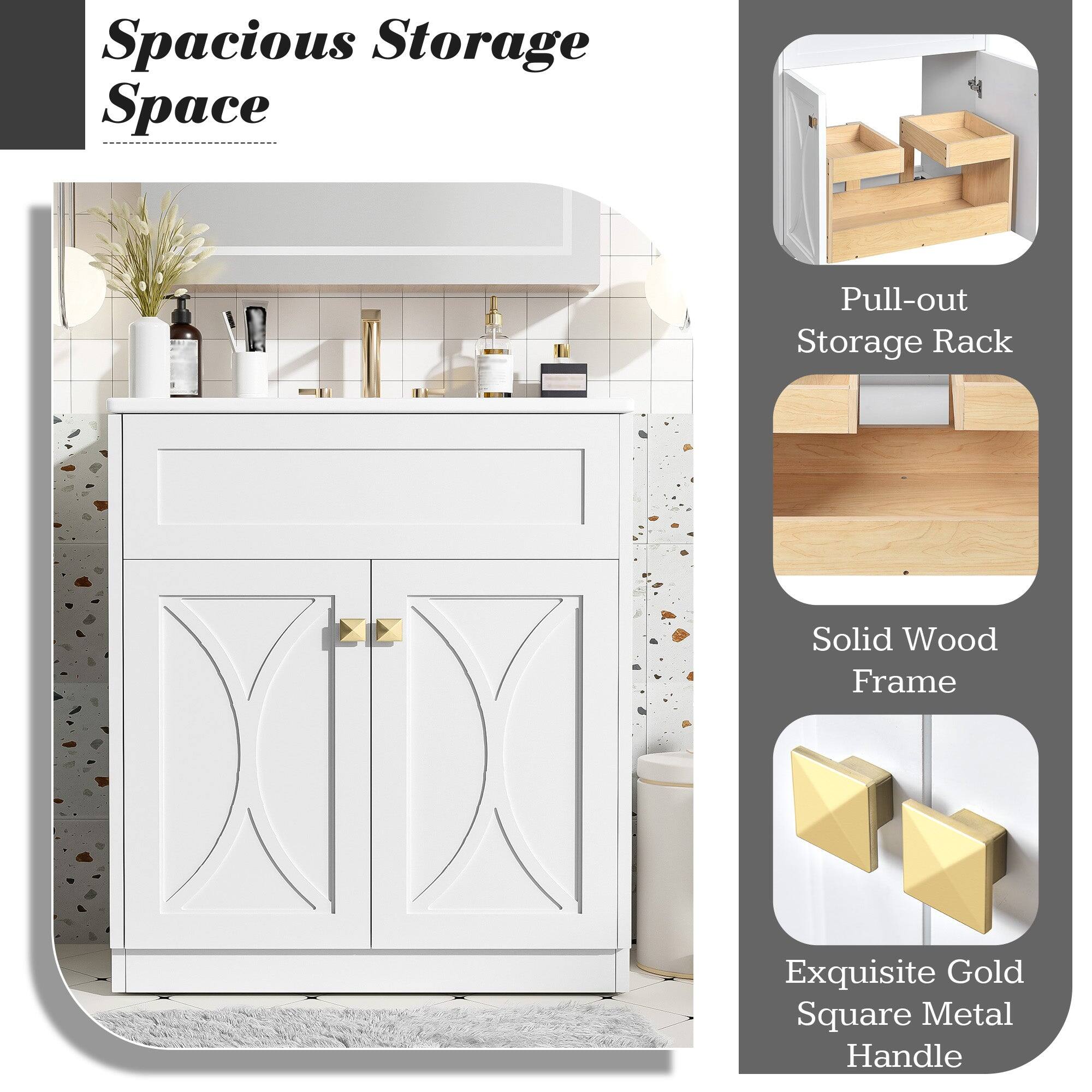 Spacious Storage Space  
Pull-out Storage Rack  
Solid Wood Frame  
Exquisite Gold Square Metal Handle