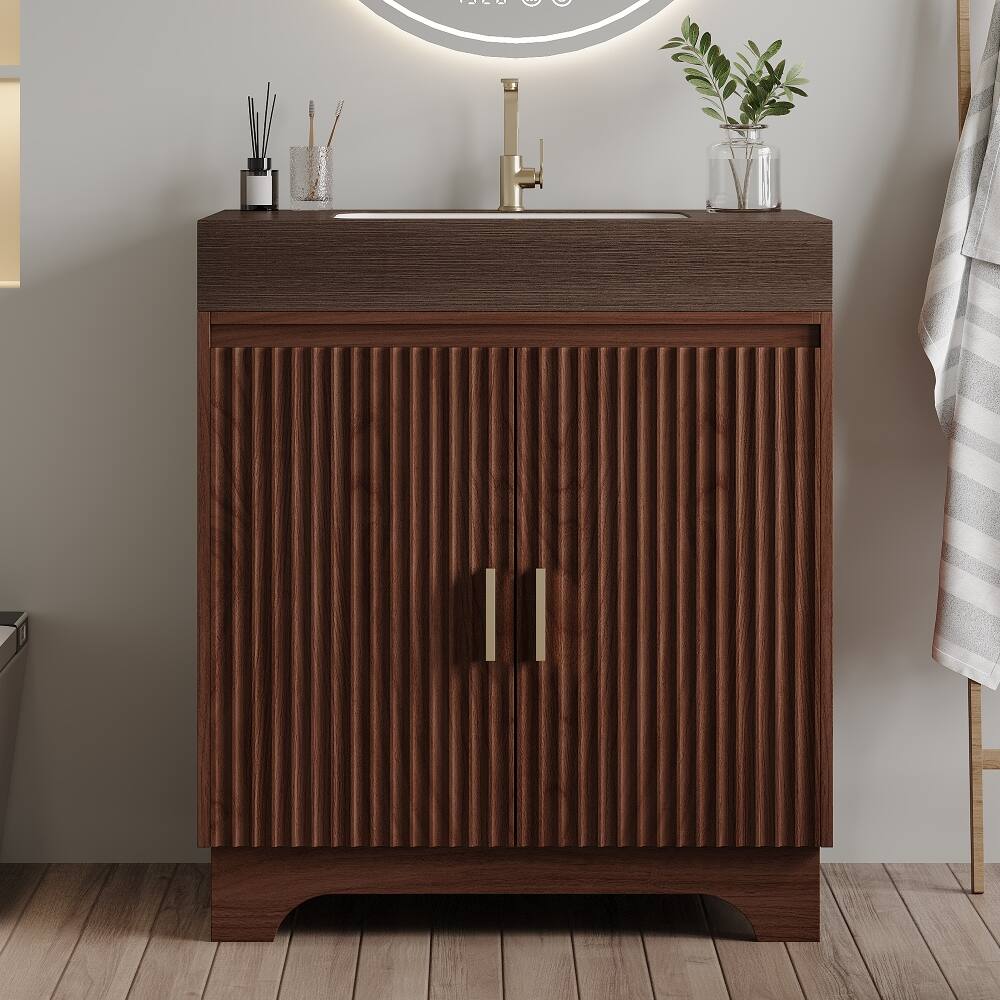 Angle. Loheer - Loheer 30 inch freestanding bathroom vanity sintered stone countertop walnut plywood bathroom cabinet - Walnut.