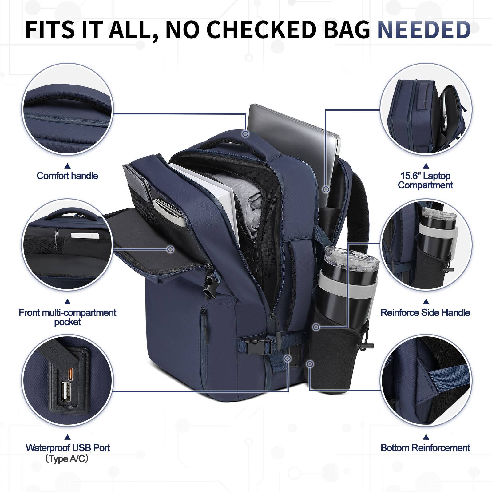 FITS IT ALL, NO CHECKED BAG NEEDED

- Comfort handle
- 15.6" Laptop Compartment
- Front multi-compartment pocket
- Reinforce Side Handle
- Waterproof USB Port (Type A/C)
- Bottom Reinforcement