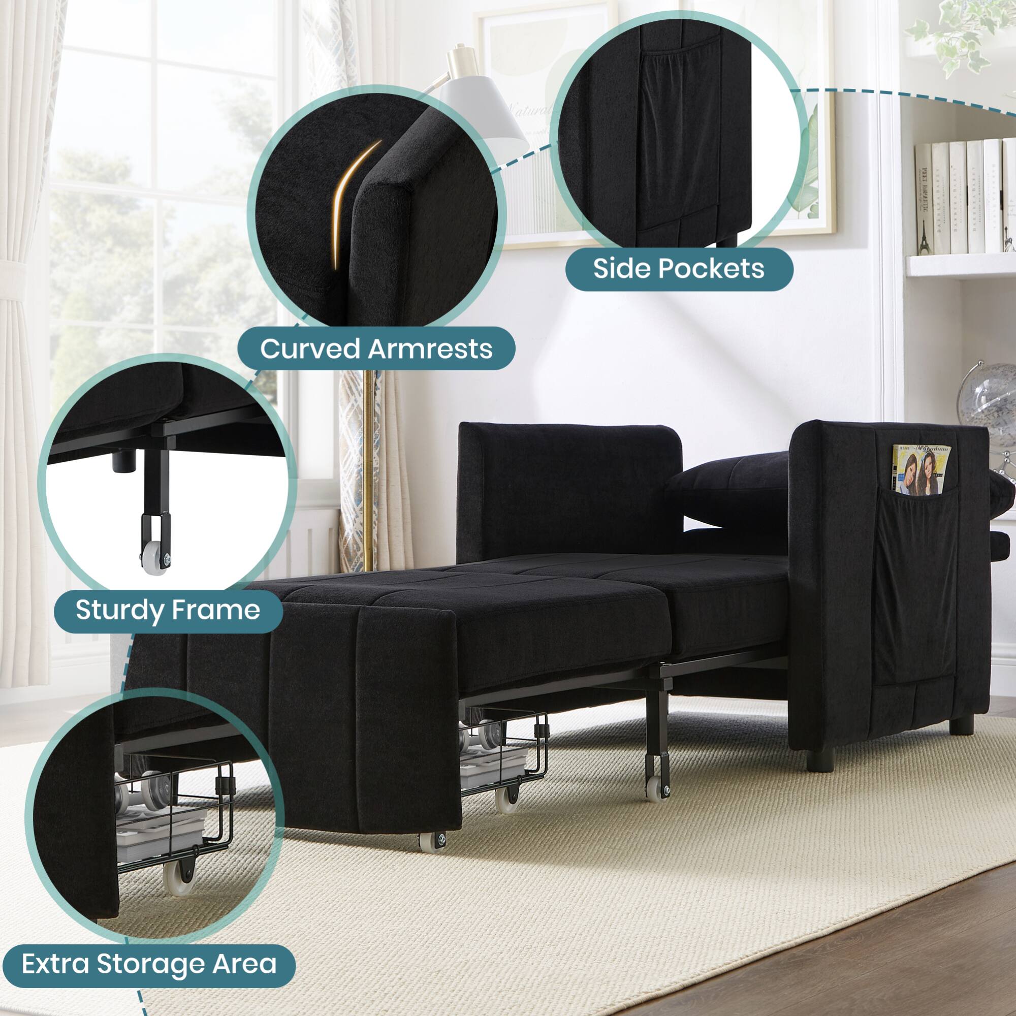 - Side Pockets
- Curved Armrests
- Sturdy Frame
- Extra Storage Area