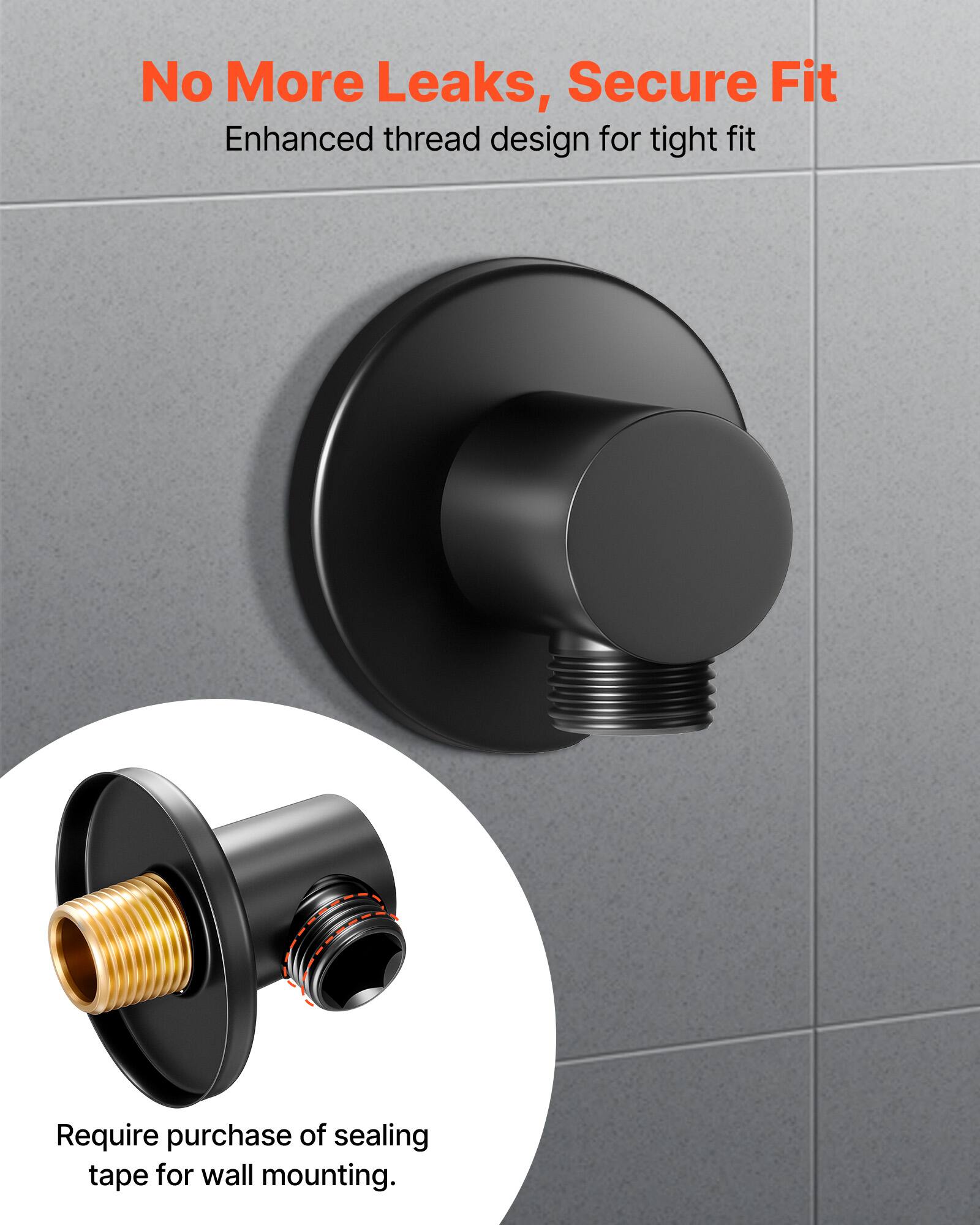 No More Leaks, Secure Fit  
Enhanced thread design for tight fit  
Require purchase of sealing tape for wall mounting.