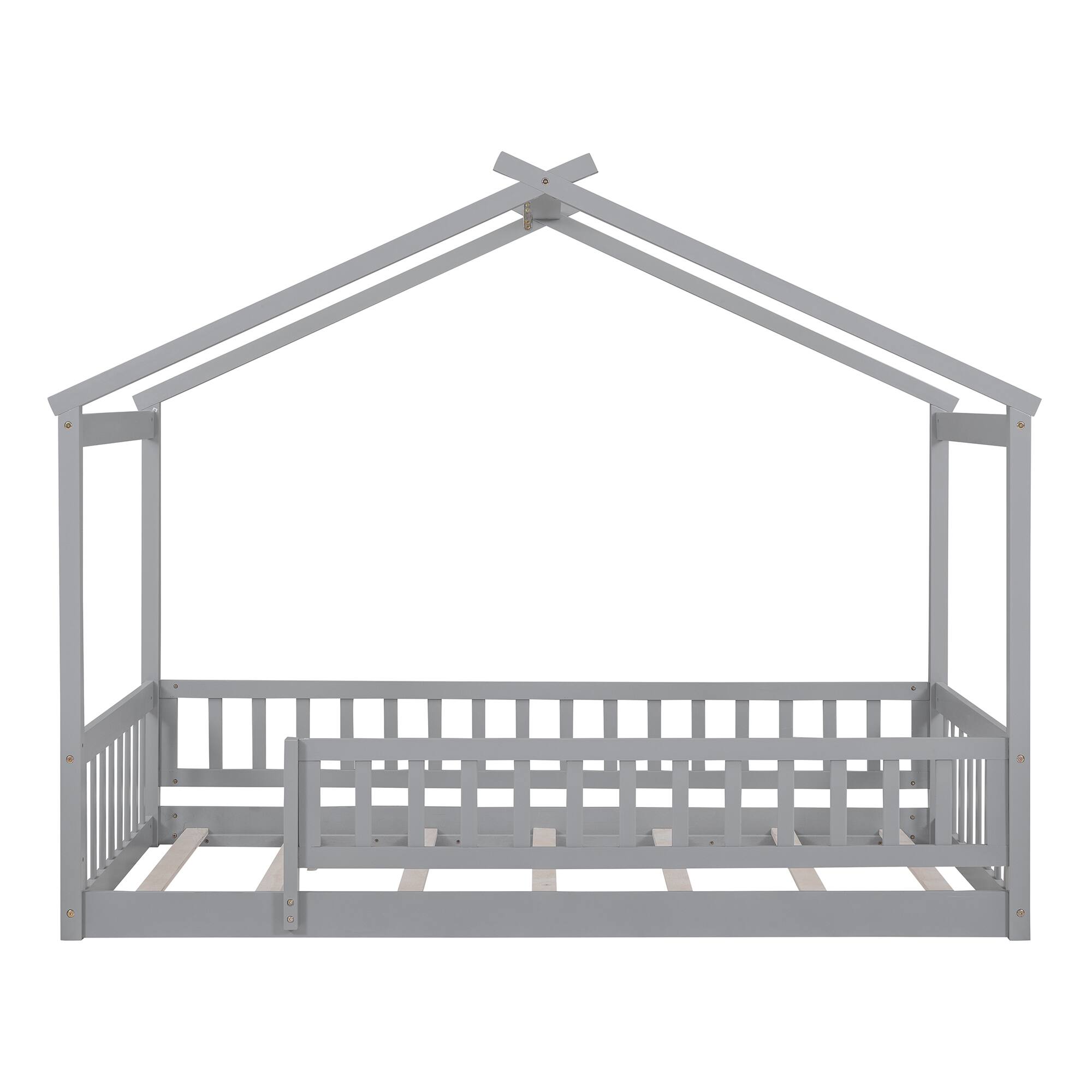 Back. Whisen - Twin Size Wood House Bed Frame with Fence for Kids and Teens - Gray.