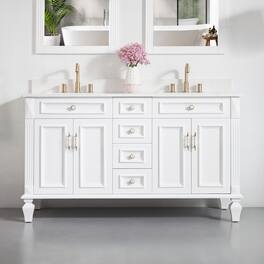 WELLFOR - ARTWOOD 60 in. Solid Wood Bath Vanity with Quartz Top, Double Sink, Soft Close, Assembled - White