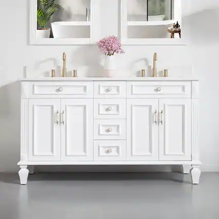 Front. WELLFOR - ARTWOOD 60 in. Solid Wood Bath Vanity with Quartz Top, Double Sink, Soft Close, Assembled - White.