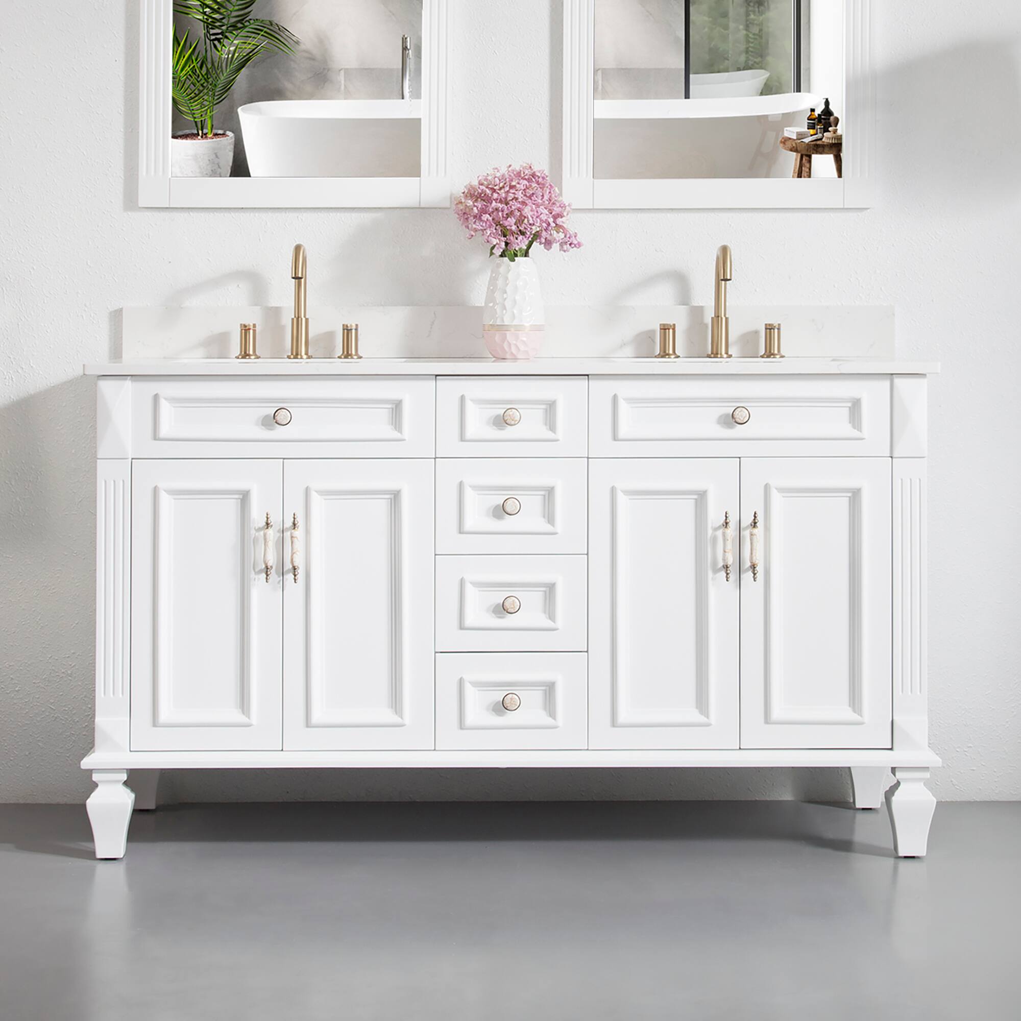 Front. WELLFOR - ARTWOOD 60 in. Solid Wood Bath Vanity with Quartz Top, Double Sink, Soft Close, Assembled - White.