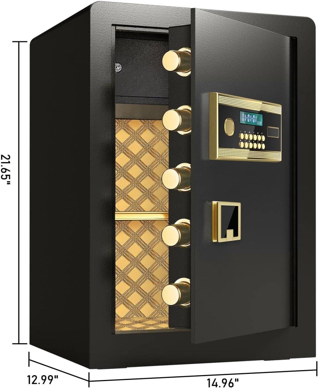 The dimensions of the safe are:

- Height: 21.65 inches
- Width: 14.96 inches
- Depth: 12.99 inches