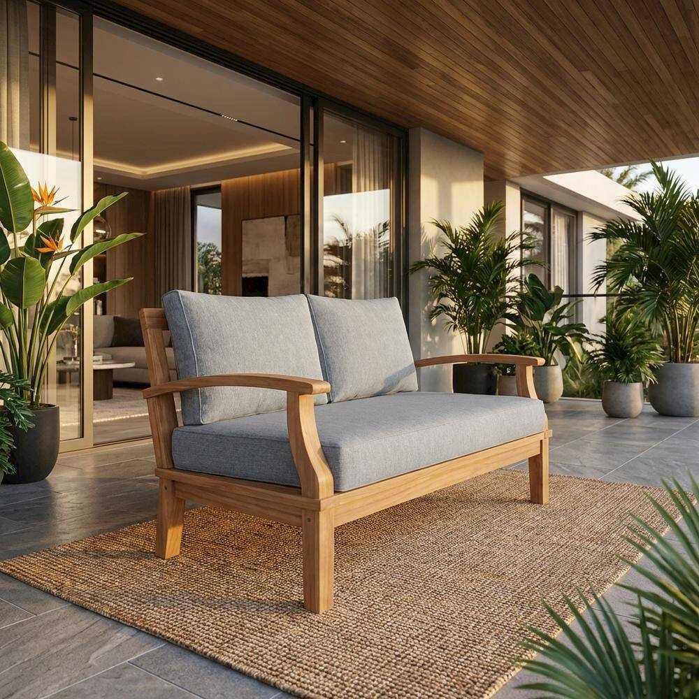 Angle. Outdoor Escape - Outdoor Patio Teak Right-Facing Sofa With Cushioned Seat And Armrests - Gray.
