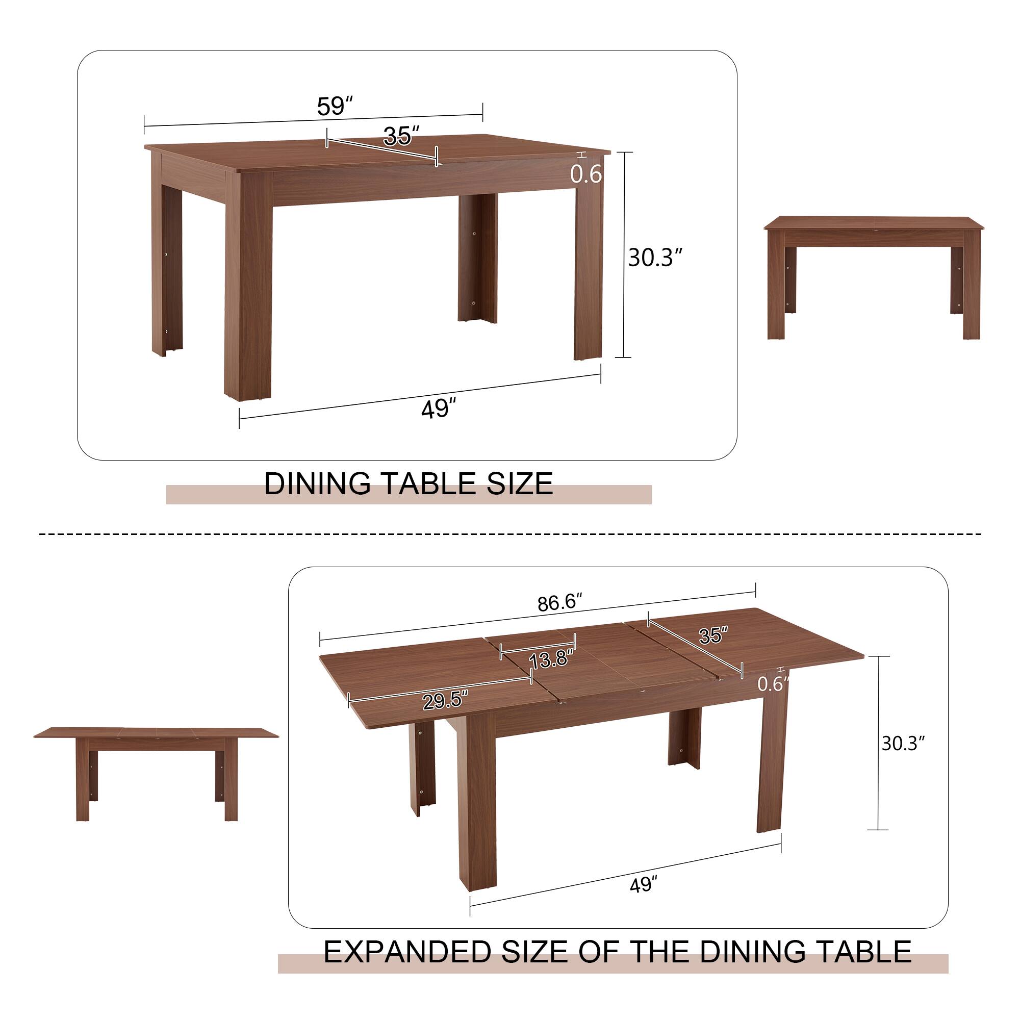 59" x 35" x 0.6" x 30.3" x 49" DINING TABLE SIZE  
29.5" x 86.6" x 13.8" x 35" x 0.6" x 30.3" EXPANDED SIZE OF THE DINING TABLE
