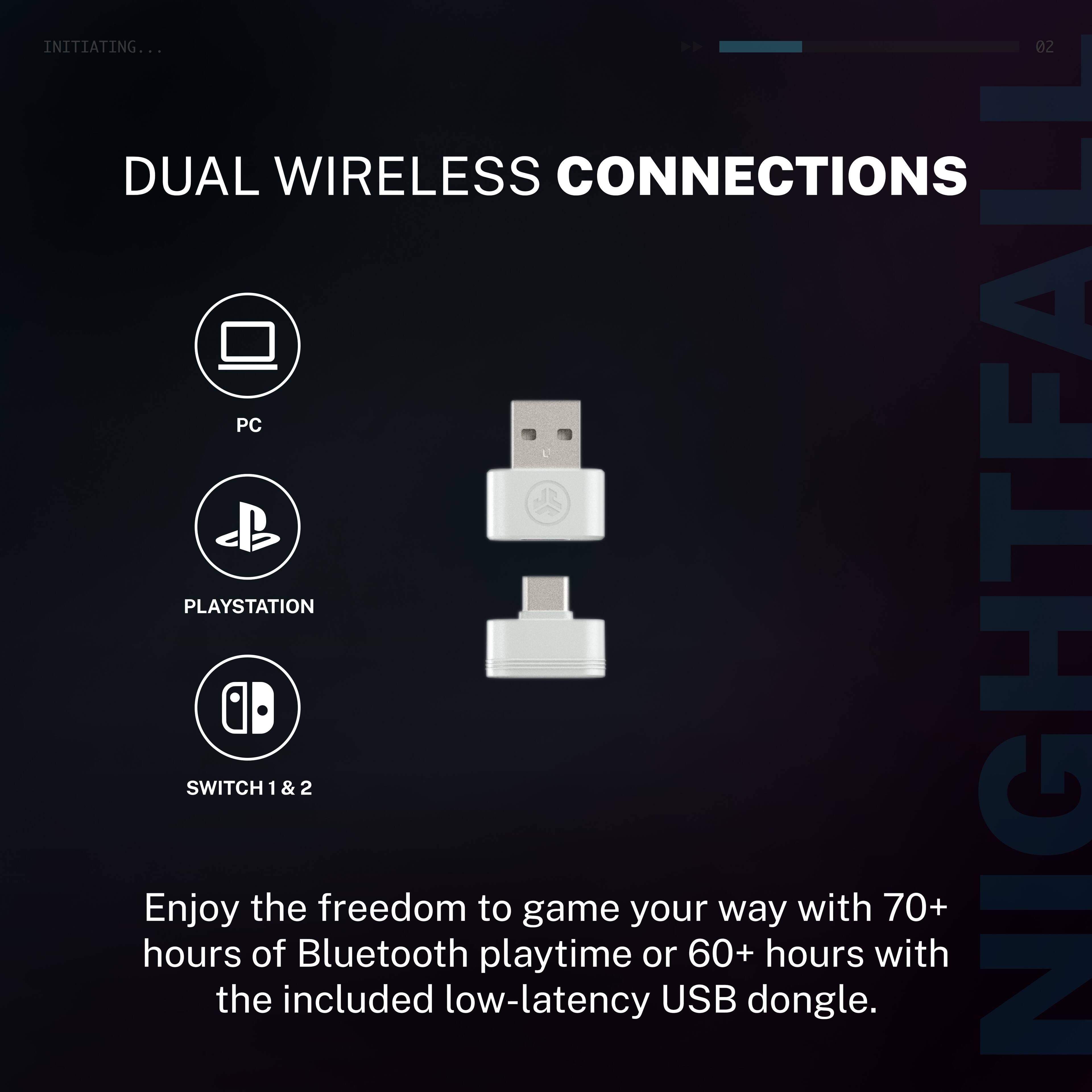 INITIATING...

DUAL WIRELESS CONNECTIONS

PC  
PLAYSTATION  
SWITCH 1 & 2

Enjoy the freedom to game your way with 70+ hours of Bluetooth playtime or 60+ hours with the included low-latency USB dongle.