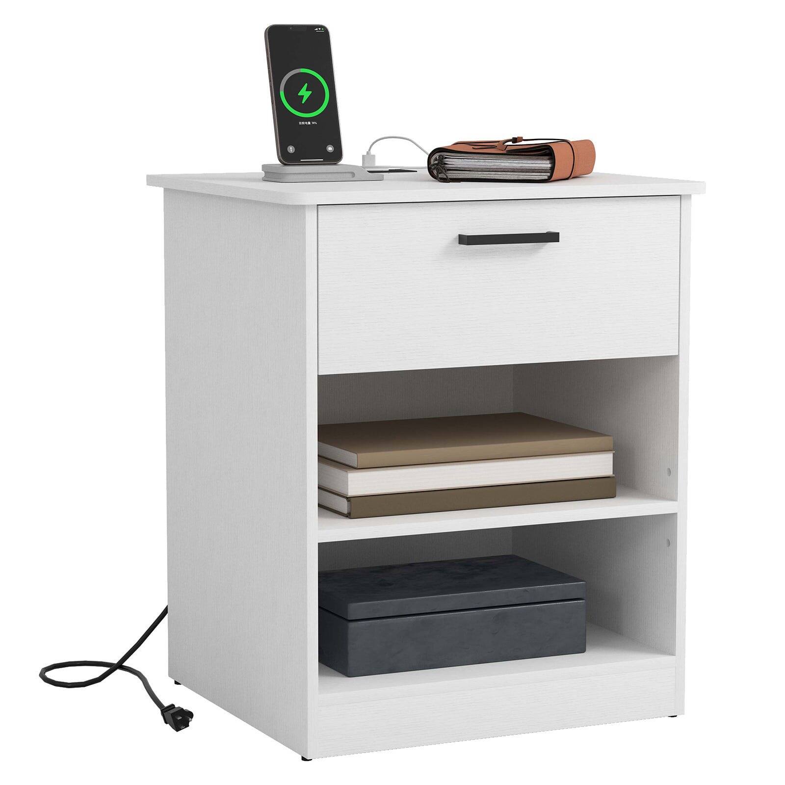 Left. Kadyn - Kadyn Wood Nightstand With Charging Station, Bedside Table With Wood Drawers And Open Shelf, Bedroom - White.