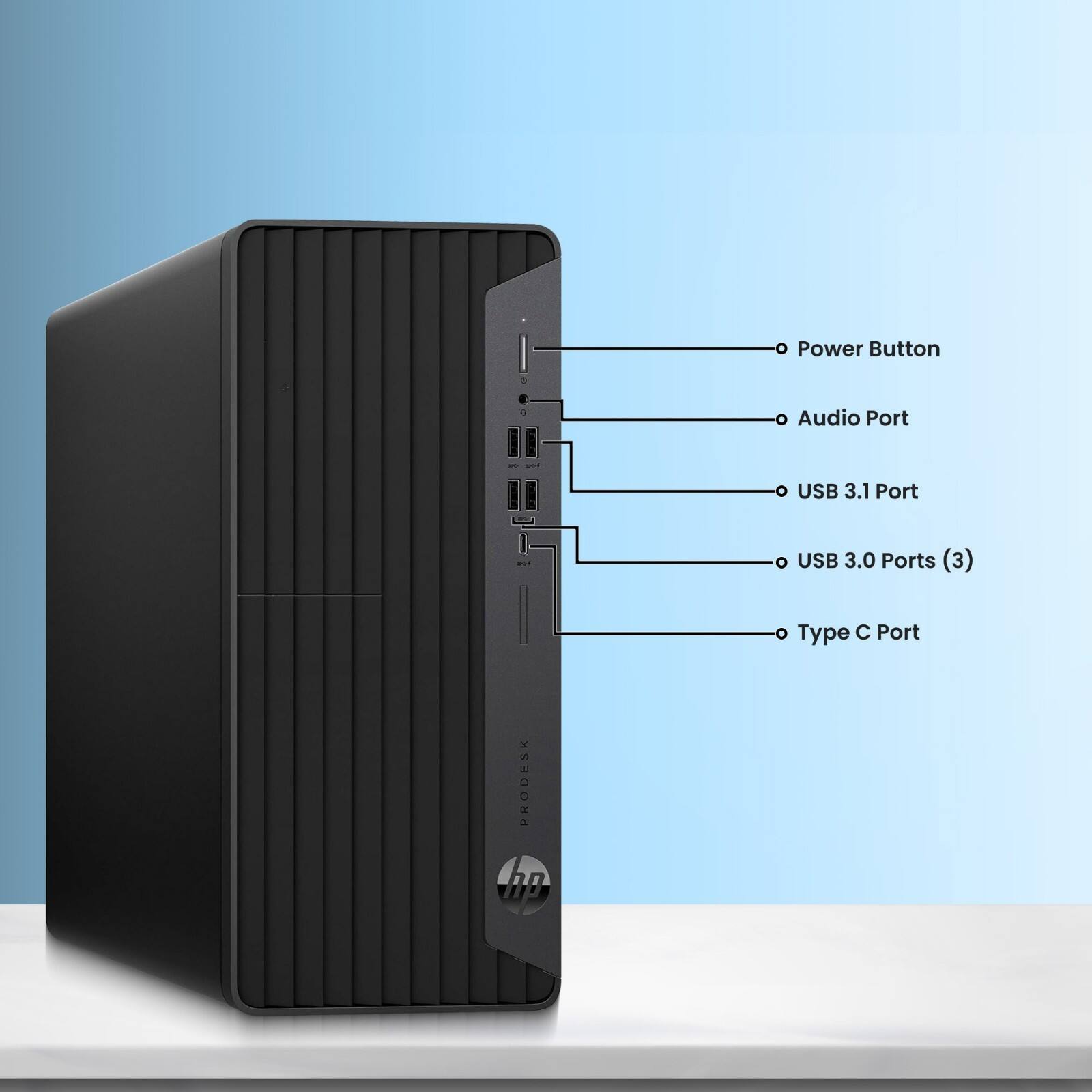 - Power Button
- Audio Port
- USB 3.1 Port
- USB 3.0 Ports (3)
- Type C Port

PRODESK hp