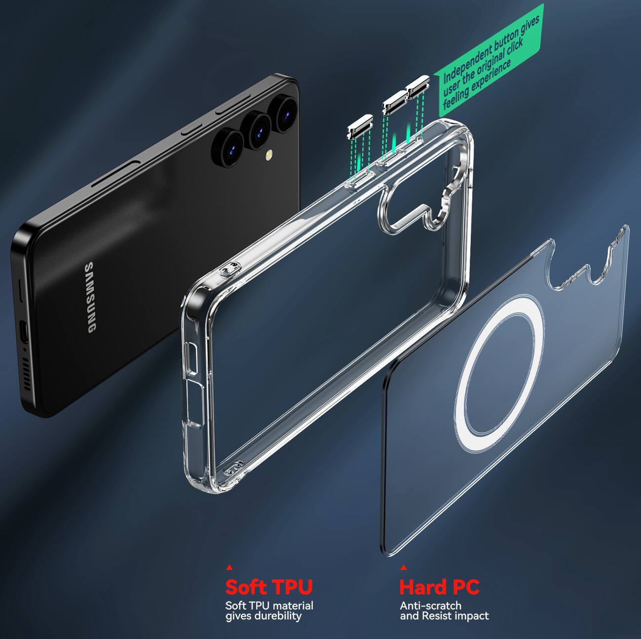 - Independent button gives user the original click feeling
- Soft TPU material gives durability
- Hard PC Anti-scratch and Resist impact