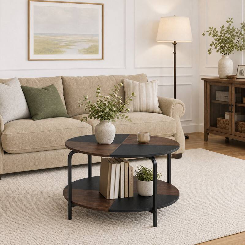 Angle. WELLFOR - 31.5" Round Coffee Table with Storage Shelf, 2-Tier Center Table Cocktail Tea Table with Metal Frame for Living Room - Rustic Brown&Black.