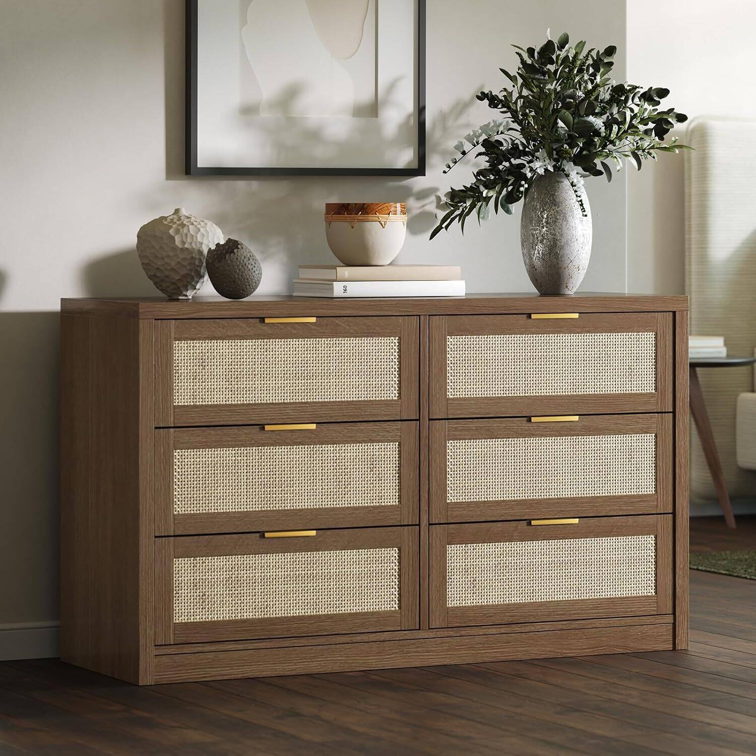 Front. GARVEE - 53" Rattan Dresser for Bedroom - 6-Drawer Boho Chest of Drawers, Large Storage Cabinet for Clothes, Dark Natural Oak - Dark Natural Oak.