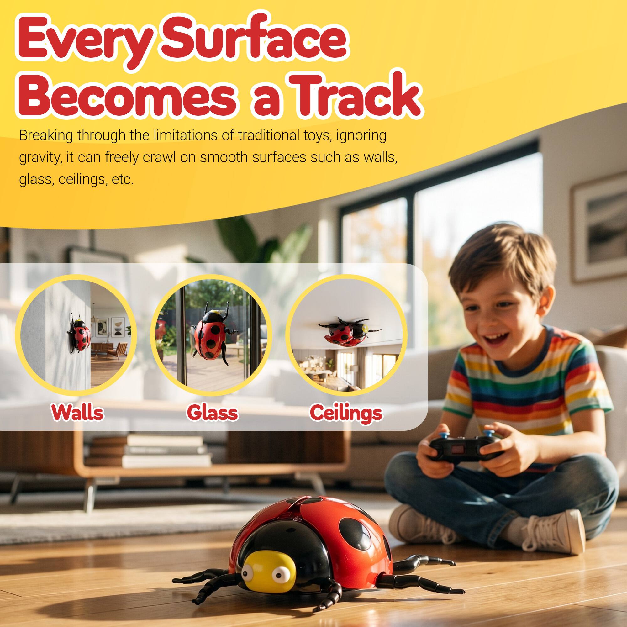 Every Surface Becomes a Track

Breaking through the limitations of traditional toys, ignoring gravity, it can freely crawl on smooth surfaces such as walls, glass, ceilings, etc.

Walls
Glass
Ceilings