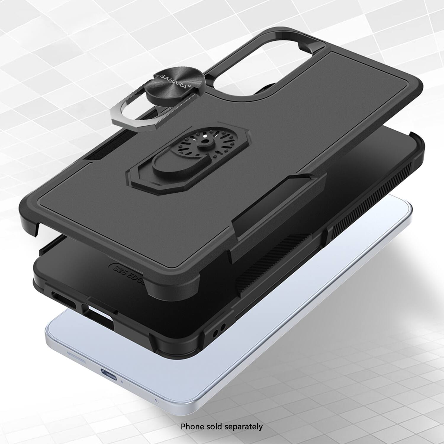 The image shows a phone case and a fan case. The phone case is black and has a white interior. The fan case is black and has a white interior. The phone case is sold separately.