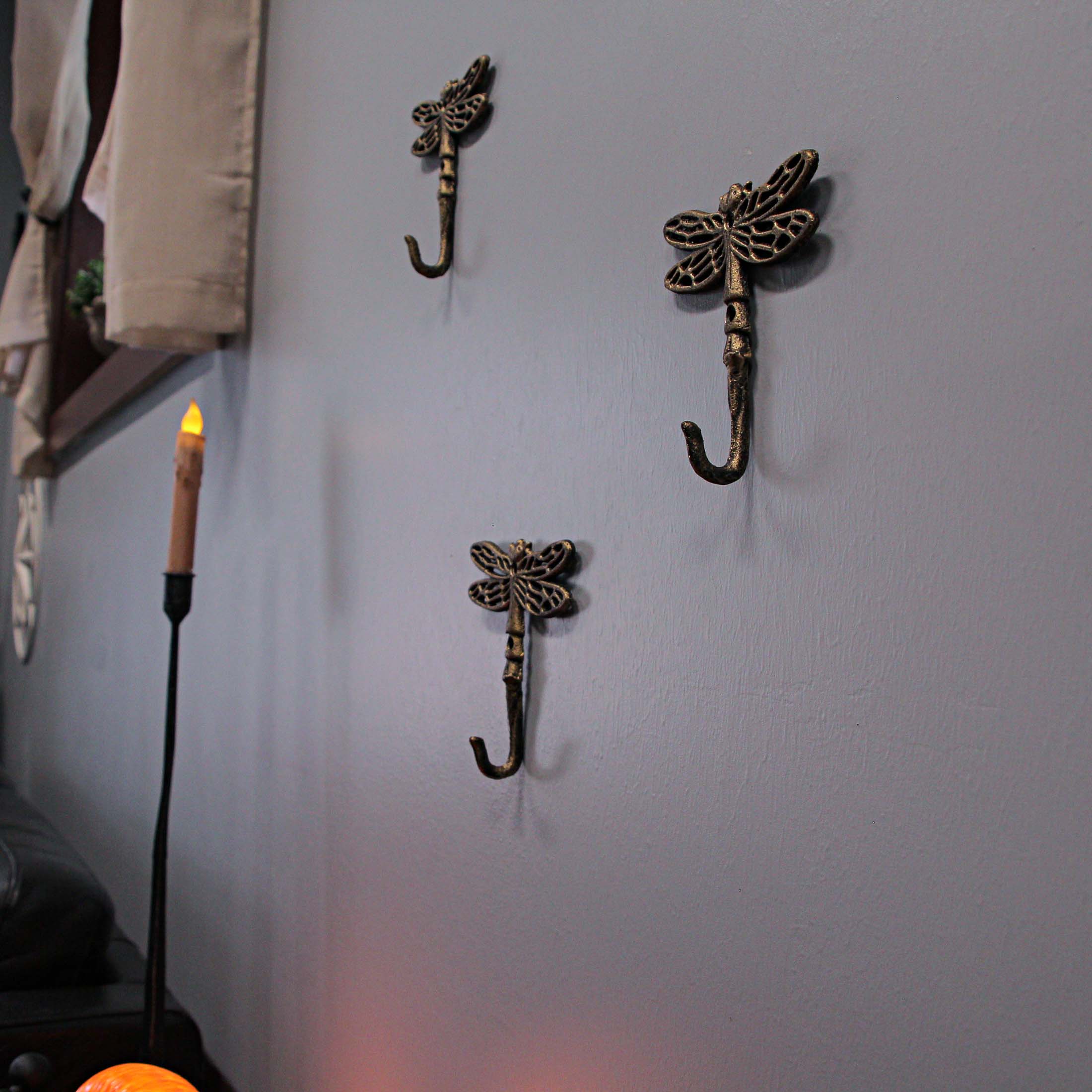 Alt View 4. Zeckos - 5 Inch Cast Iron Dragonfly Wall Hook Decorative Towel Hangers Coat Rack Set of 3 - Gold.