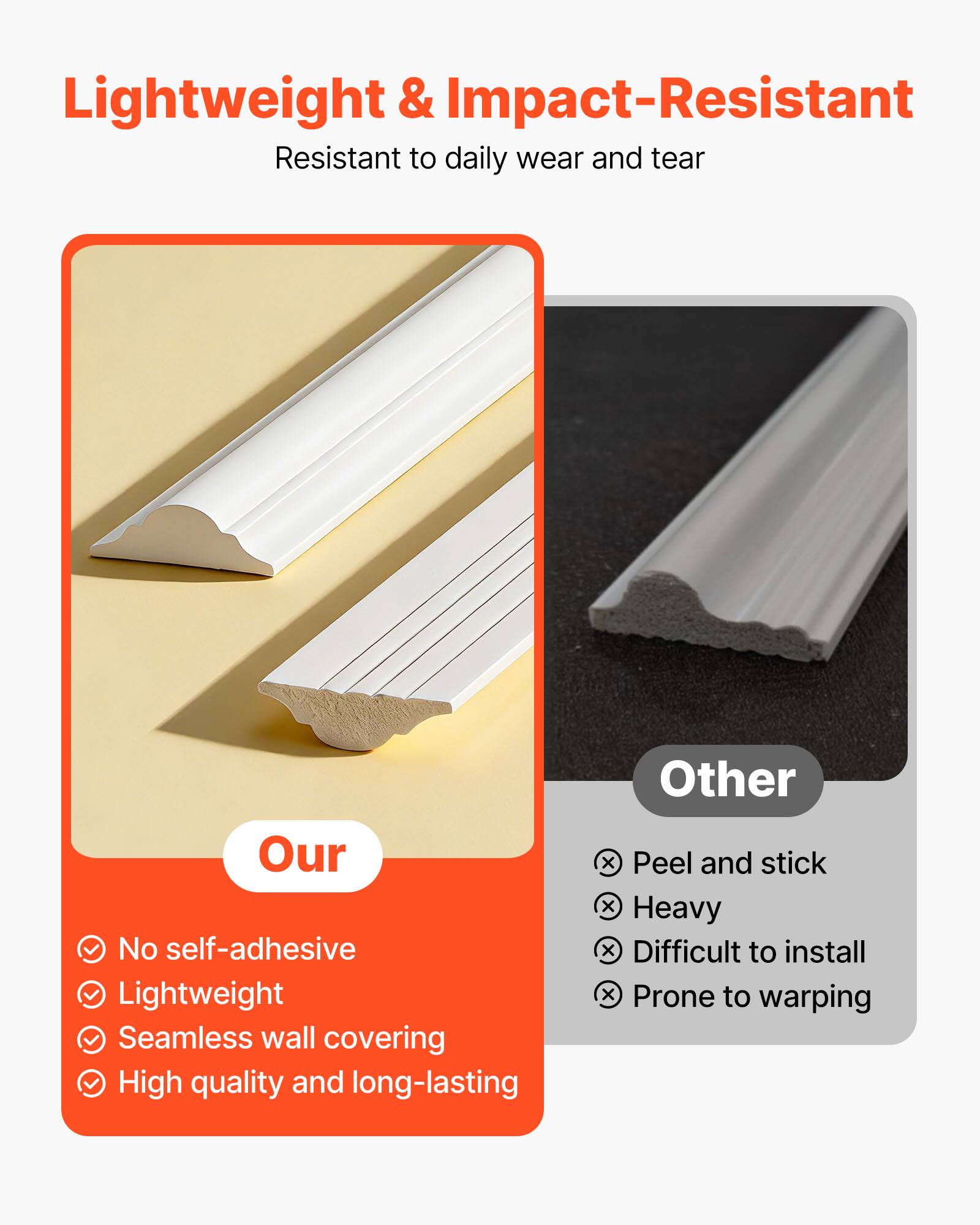 Lightweight & Impact-Resistant  
Resistant to daily wear and tear  

Our  
- No self-adhesive  
- Lightweight  
- Seamless wall covering  
- High quality and long-lasting  

Other  
- Peel and stick  
- Heavy  
- Difficult to install  
- Prone to warping
