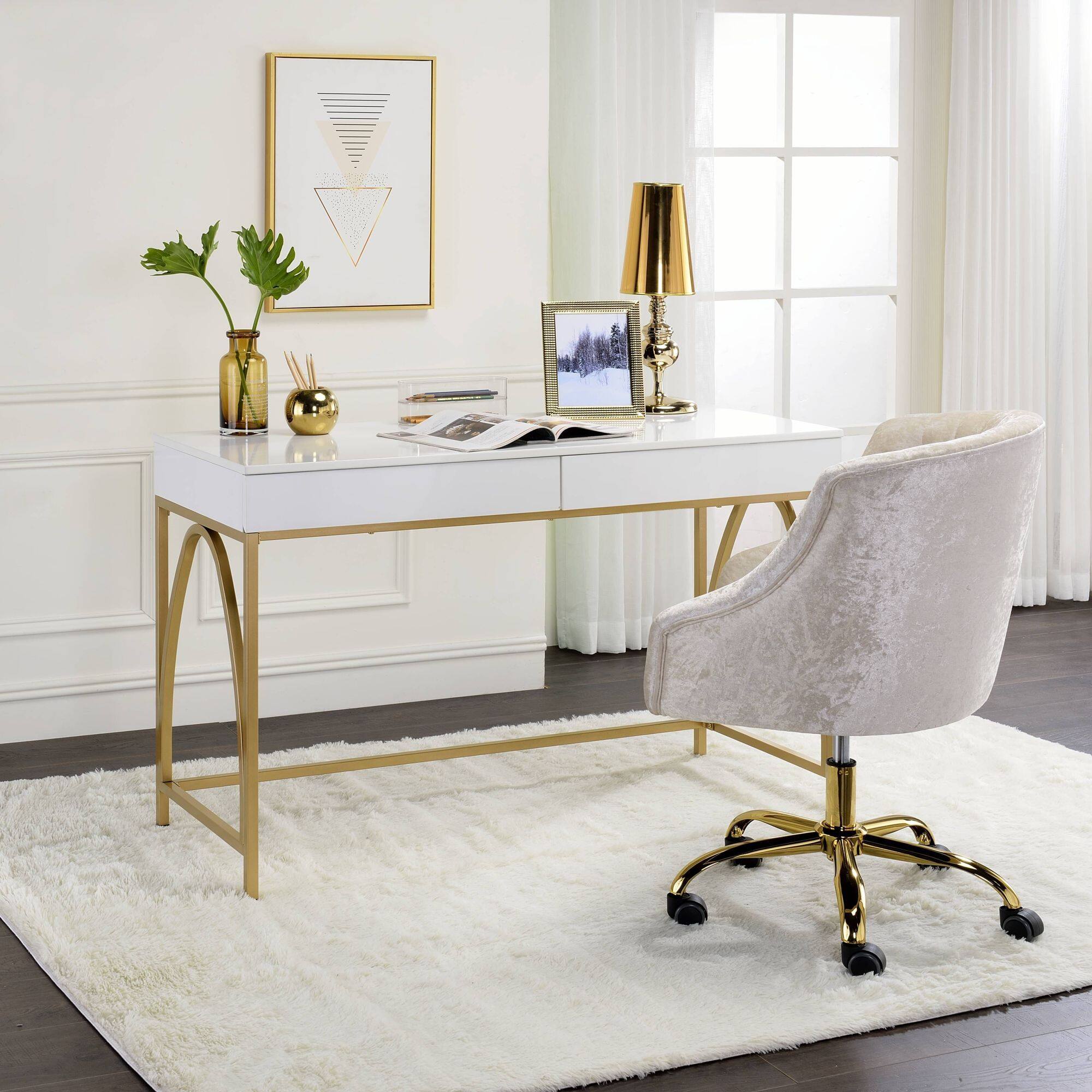Angle. GOODSILO - Contemporary Writing Desk with Metal Legs and Dual Storage Drawers for Home Office - Gloss White+Gold.