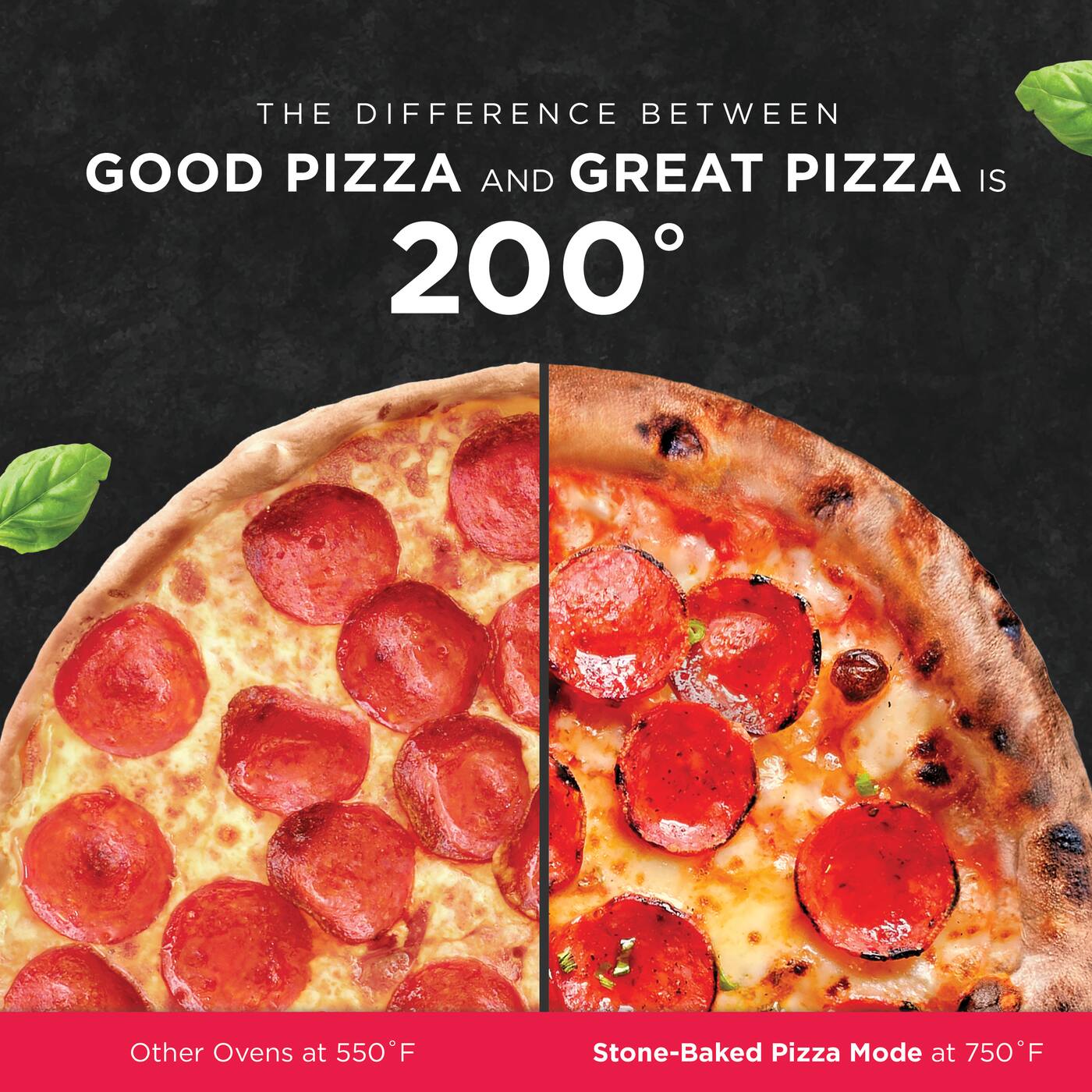 The difference between good pizza and great pizza is 200°

Other ovens at 550°F

Stone-Baked Pizza Mode at 750°F