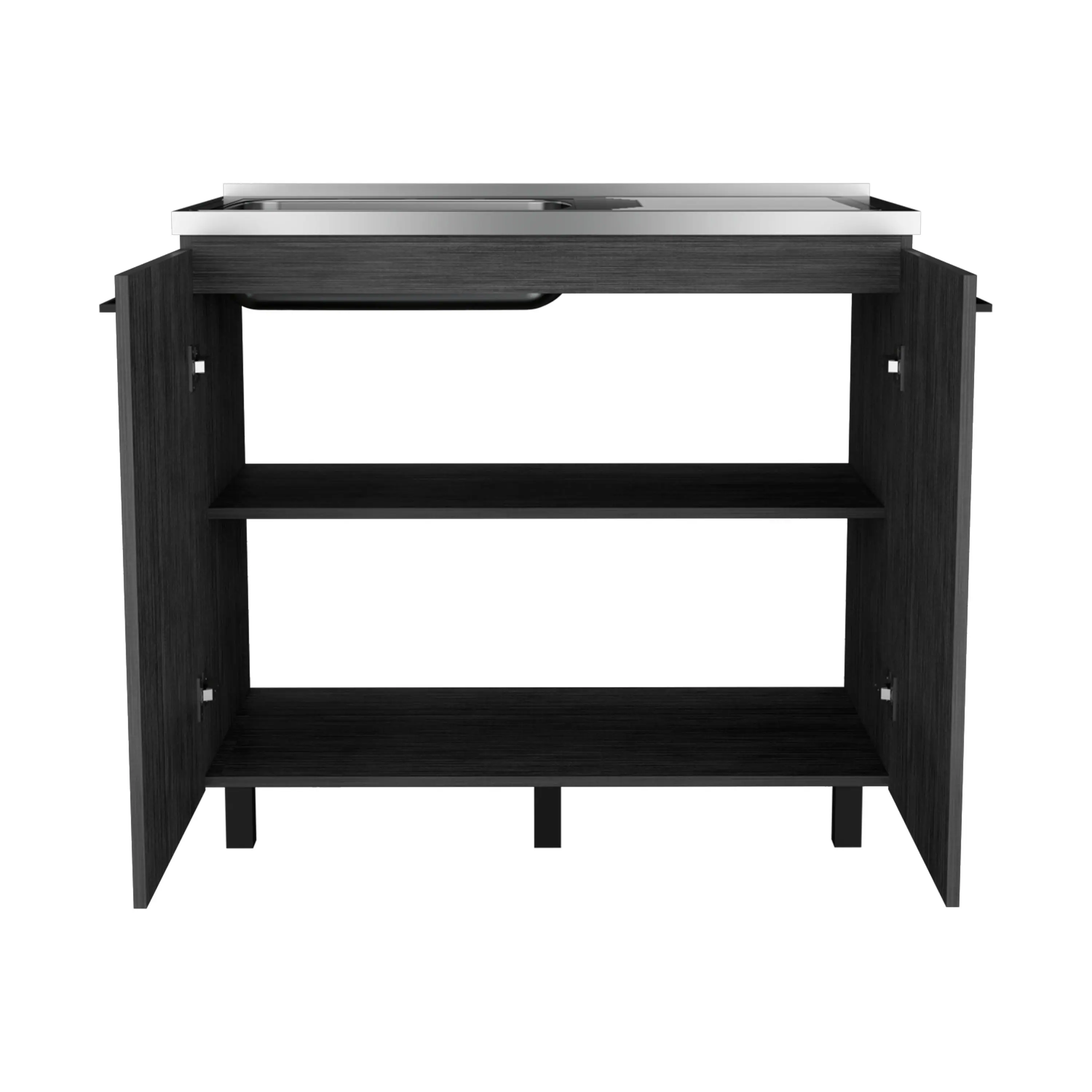 Back. TinyHomie - 2 Smokey Oak Freestanding Utility Base Cabinets Stainless Steel Countertop 2 Doors - brown.