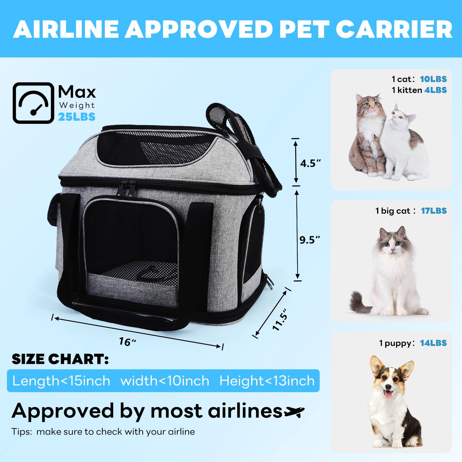 AIRLINE APPROVED PET CARRIER

Max Weight 25LBS

1 cat: 10LBS  
1 kitten: 4LBS  
1 big cat: 17LBS  
1 puppy: 14LBS

SIZE CHART:  
Length < 15inch  
Width < 10inch  
Height < 13inch

Approved by most airlines

Tips: make sure to check with your airline