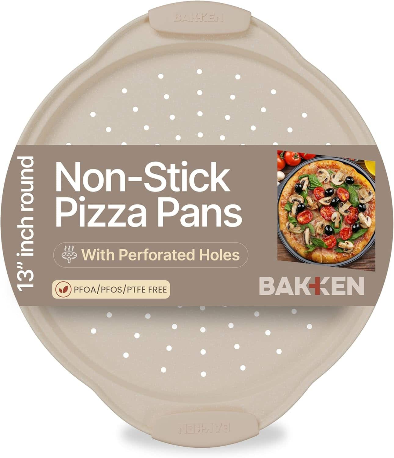 Bakken- Swiss - Bakken Round Perforated Pizza Pan – Non-Stick Marble Coating, Silicone Handle, Dishwasher Safe, Durable - White