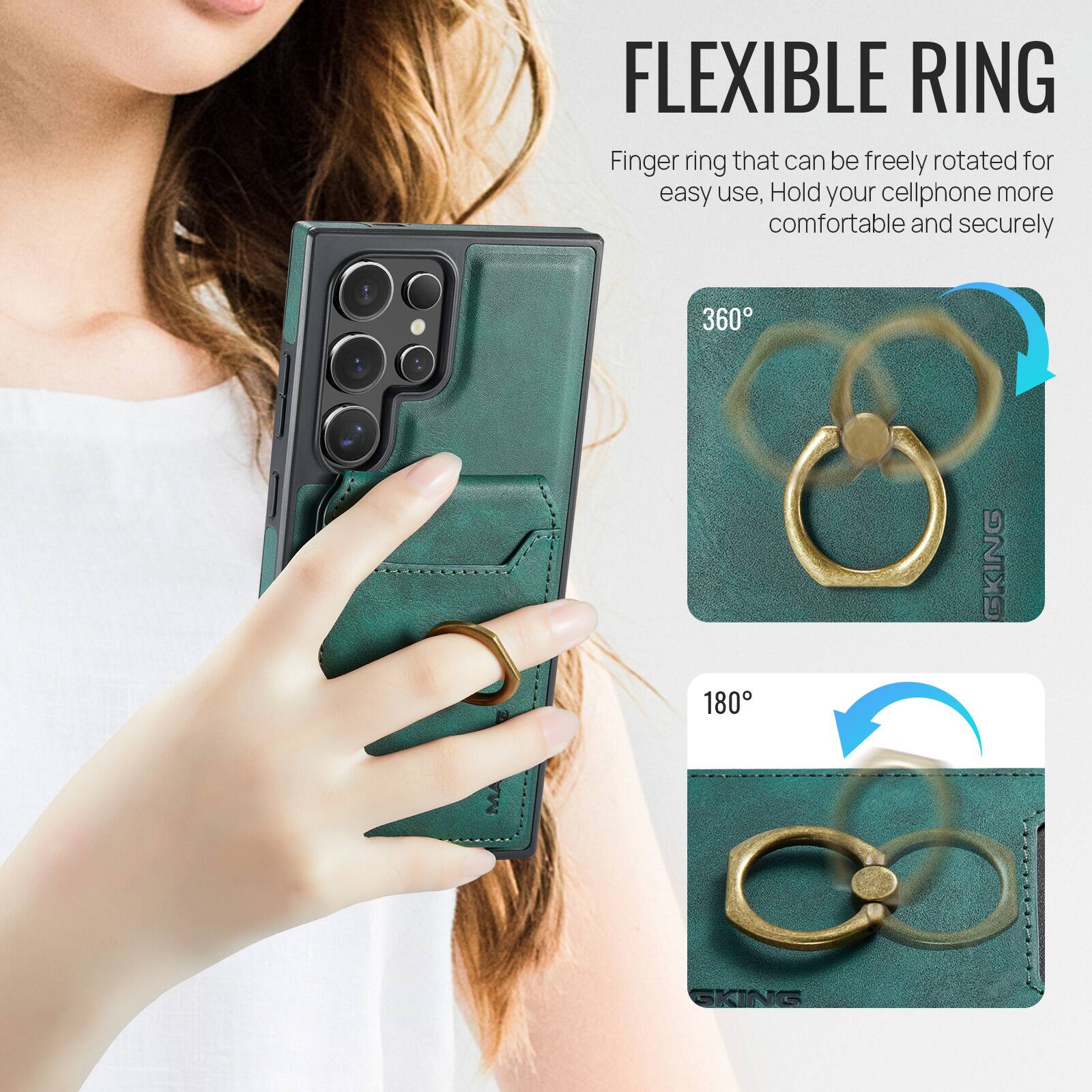 FLEXIBLE RING  
Finger ring that can be freely rotated for easy use, Hold your cellphone more comfortable and securely  
360°  
180°