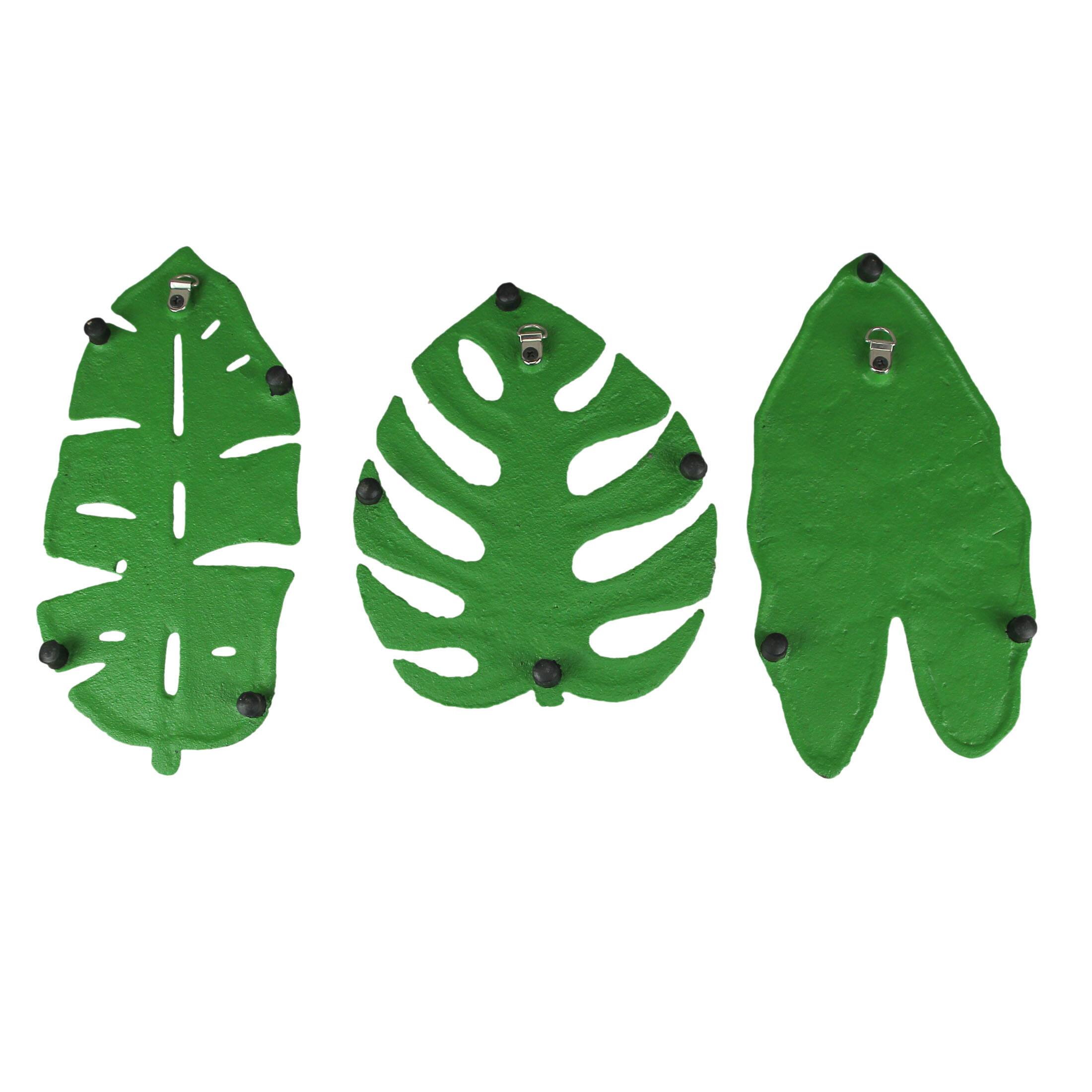 Alt View 2. Zeckos - Set of 3 Aged Green Cast Iron Tropical Leaf Kitchen Trivets / Wall Hangings - Green.