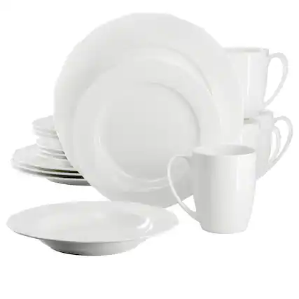Front. Meritage - Meritage Eva 16 Piece Wavy Edge Bone China Dinnerware Set in White - White.