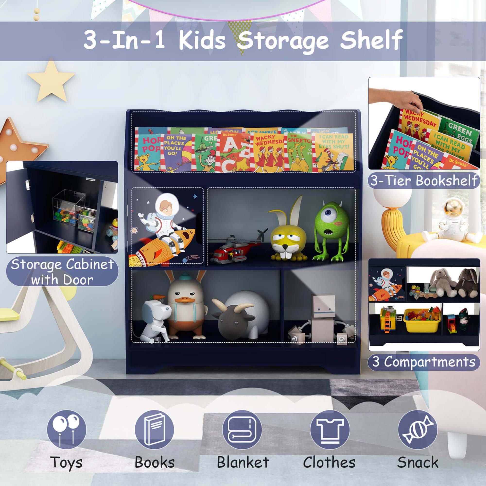 3-In-1 Kids Storage Shelf

- Storage Cabinet with Door
- 3-Tier Bookshelf
- 3 Compartments

Toys, Books, Blanket, Clothes, Snack