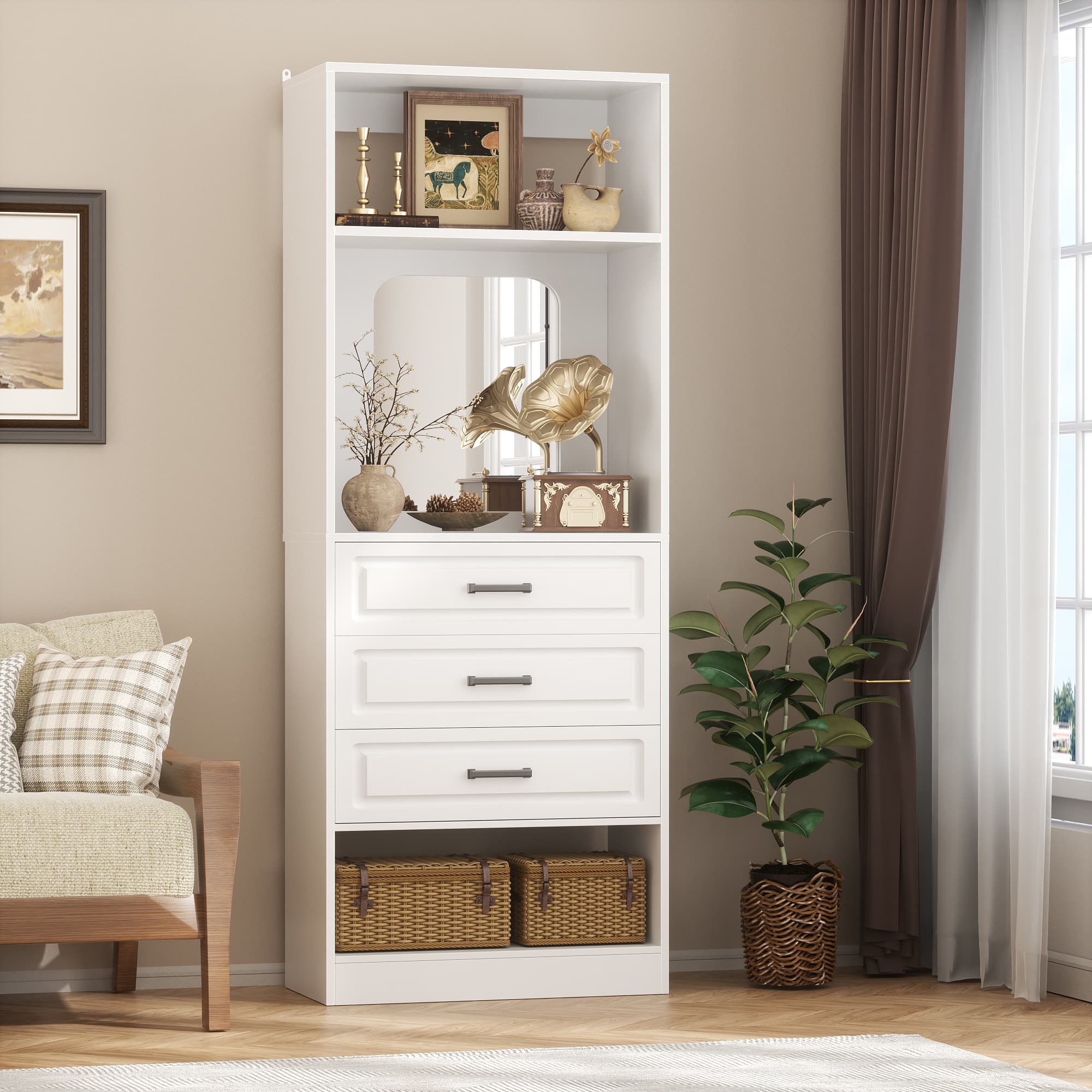 Aheaplus - 25'' Freestanding Wardrobe Closet Tower with 3 Drawers and Mirror, Storage Unit for Closet/Bedroom - White