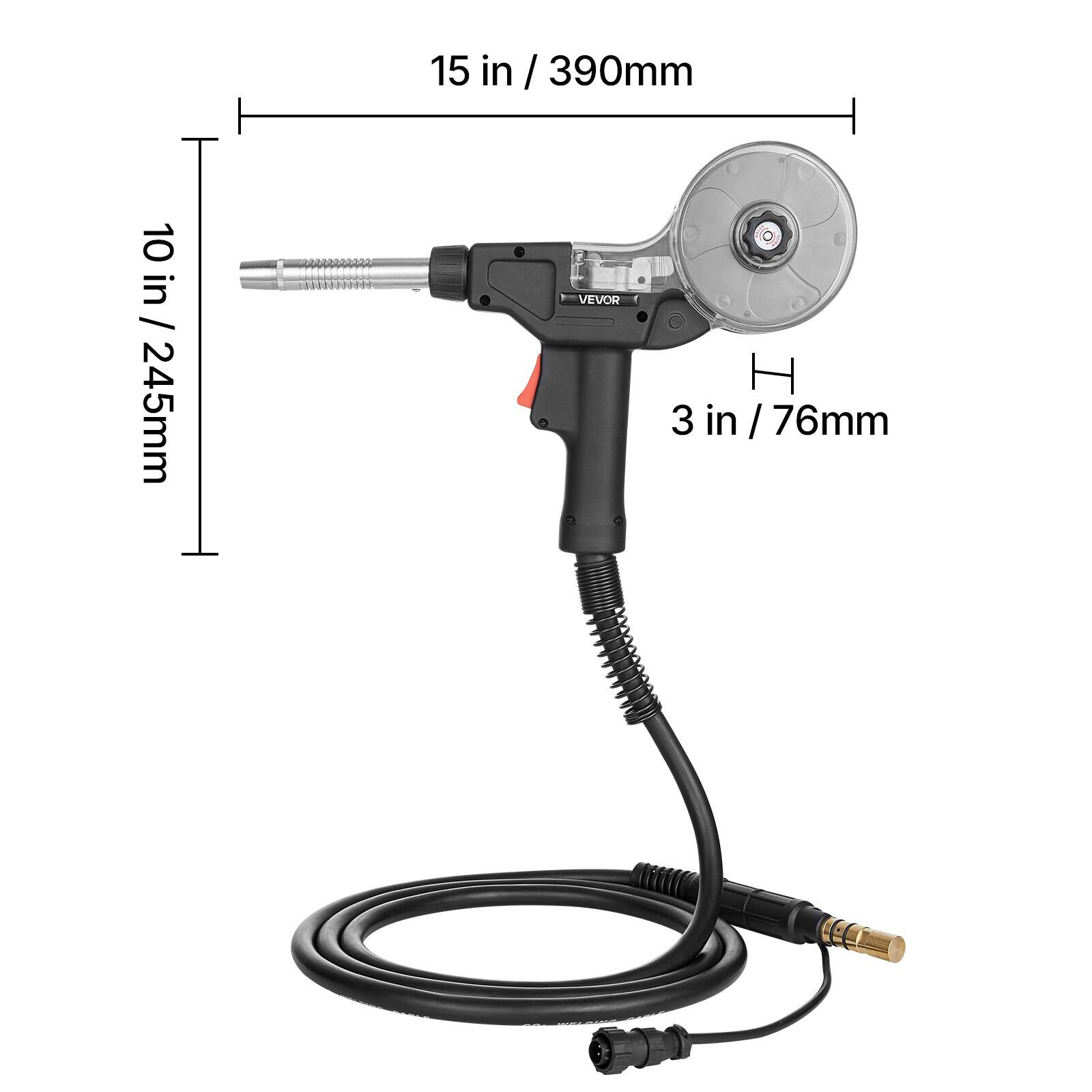 15 in / 390mm  
10 in / 245mm  
3 in / 76mm