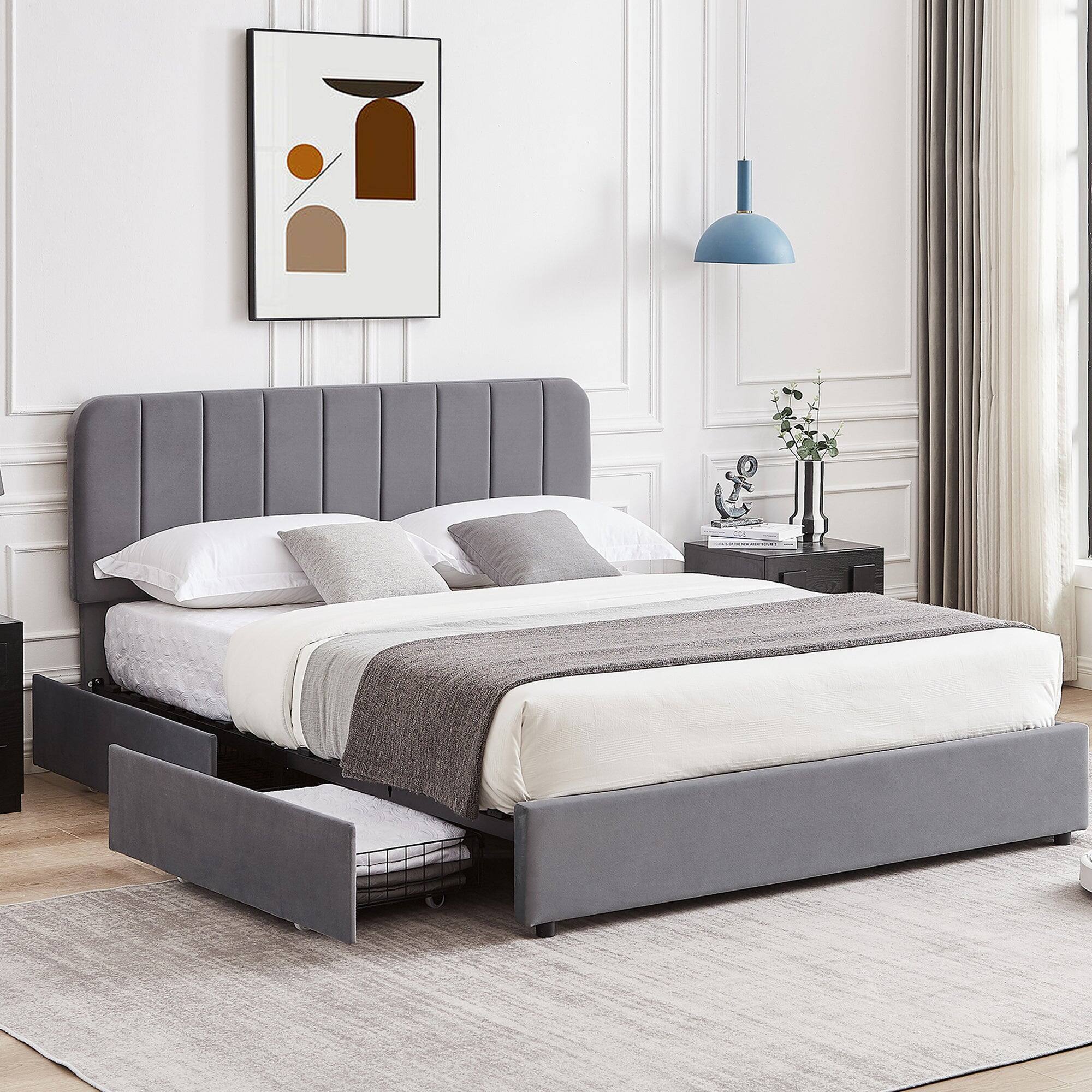 Left. Vecelo - Queen Size Storage Bed Frame with 4 Drawers - Velvet Upholstered, Adjustable Headboard, 800lb Capacity, Noise Free - Dark Grey.