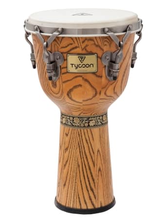 Tycoon Percussion - 12" Djembe, 22" Tall American Ash Wood Shell, Goat Skin Head, Brushed Chrome Deluxe Hoops, 5/16" Tuning Lugs with Wrench