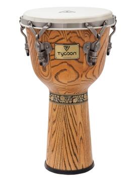 Tycoon Percussion - 12" Djembe, 22" Tall American Ash Wood Shell, Goat Skin Head, Brushed Chrome Deluxe Hoops, 5/16" Tuning Lugs with Wrench