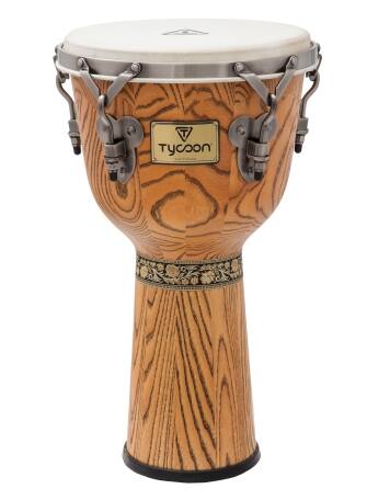 Front. Tycoon Percussion - 12" Djembe, 22" Tall American Ash Wood Shell, Goat Skin Head, Brushed Chrome Deluxe Hoops, 5/16" Tuning Lugs with Wrench.