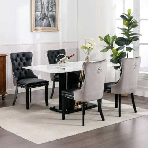 Alt View 2. LUCKY ONE - Assembled Tufted PU Velvet Dining Chair Set of 2 with Wood Legs Nailhead Trim High Back - Black+ Gray.