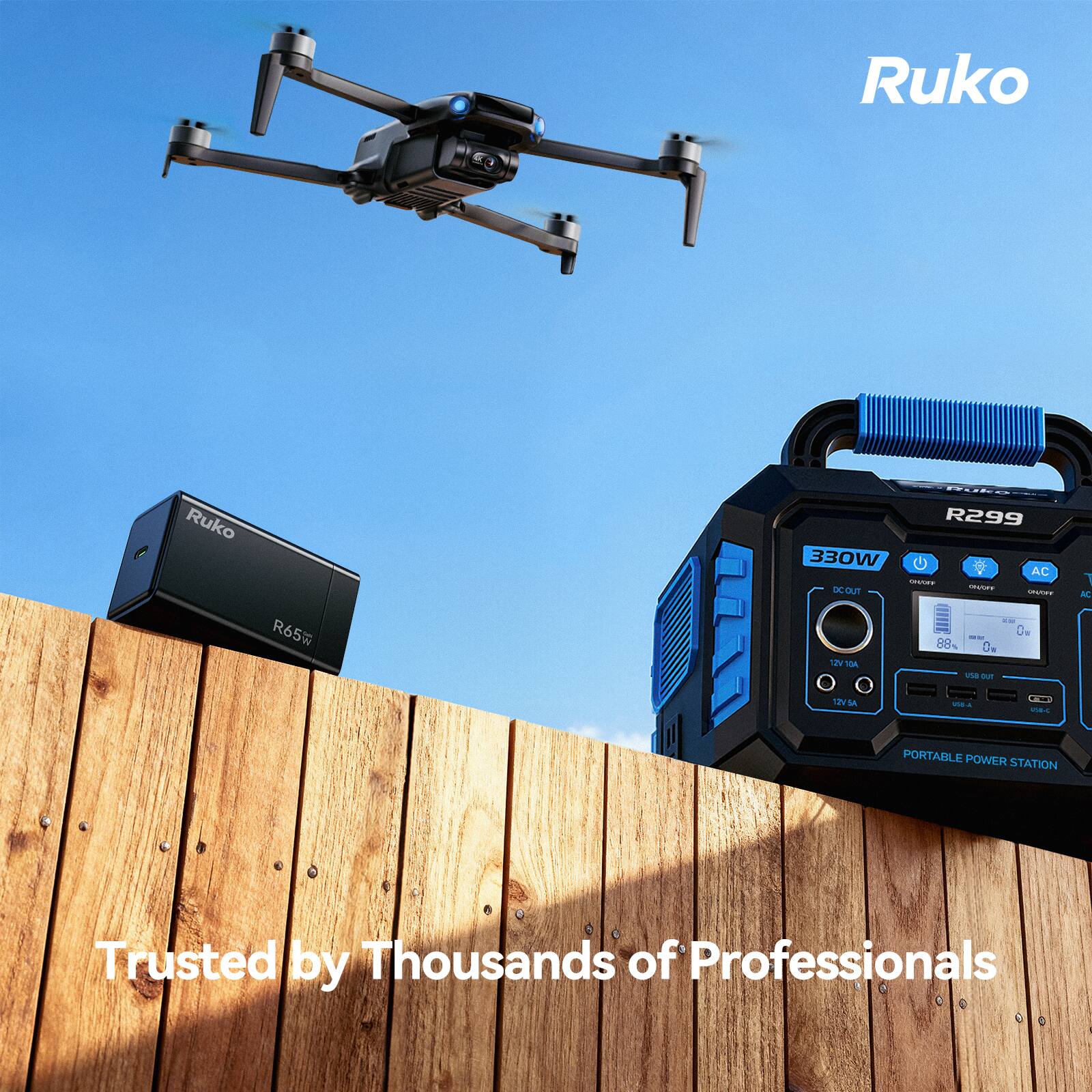 Ruko R299 330W AC - DC OUT C CCC. 1 M R65 12v DA 88% 0 ue uT - 0. UN 1A - V PORTABLE POWER STATION Trusted by Thousands of Professionals