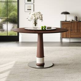Loheer - 47 Inch Solid Wood Round Dining Table with 23 Inch Tempered Glass Lazy Susan - Walnut
