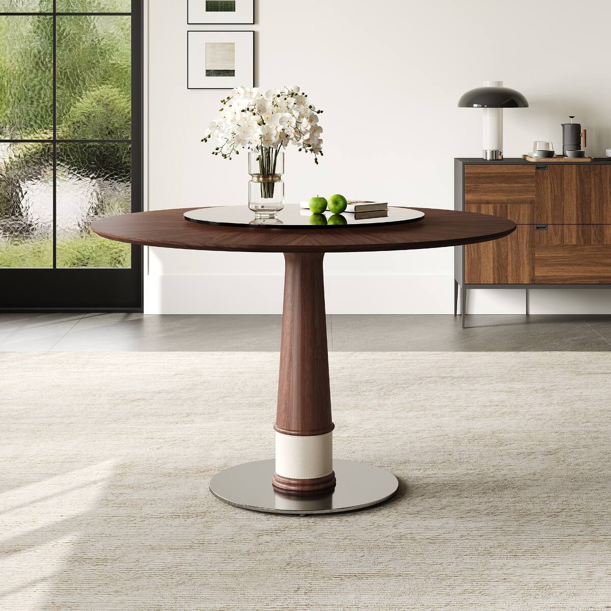 Front. Loheer - Loheer 47 Inch Solid Wood Round Dining Table with 23 Inch Tempered Glass Lazy Susan - Walnut.