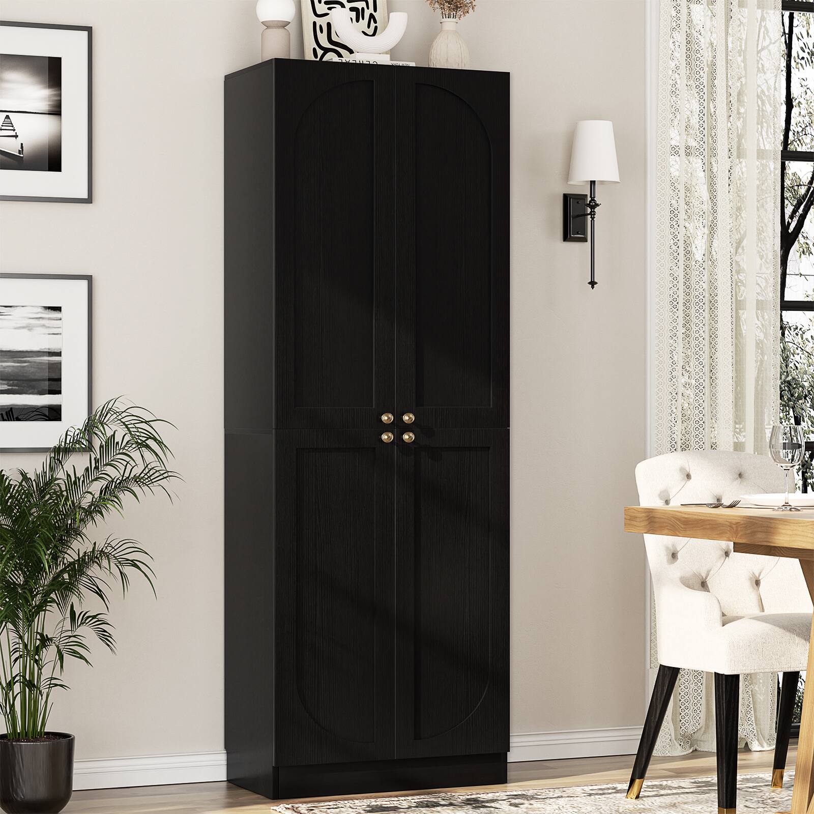 Alt View 1. Aheaplus - 80" Tall Arch Kitchen Pantry (2 Sets): 8-Door Wood Cabinet with Adjustable Shelves, Wall-Fit for Multi-Room - Black.