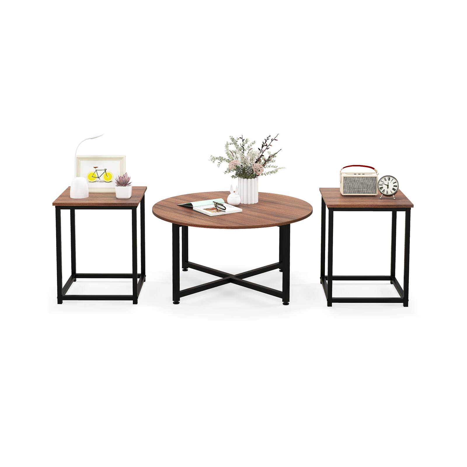 Front. Ecooso - 3-Piece Coffee Table Set with Round Coffee Table and 2 Square End Tables, Modern Living Room Set - Walnut.